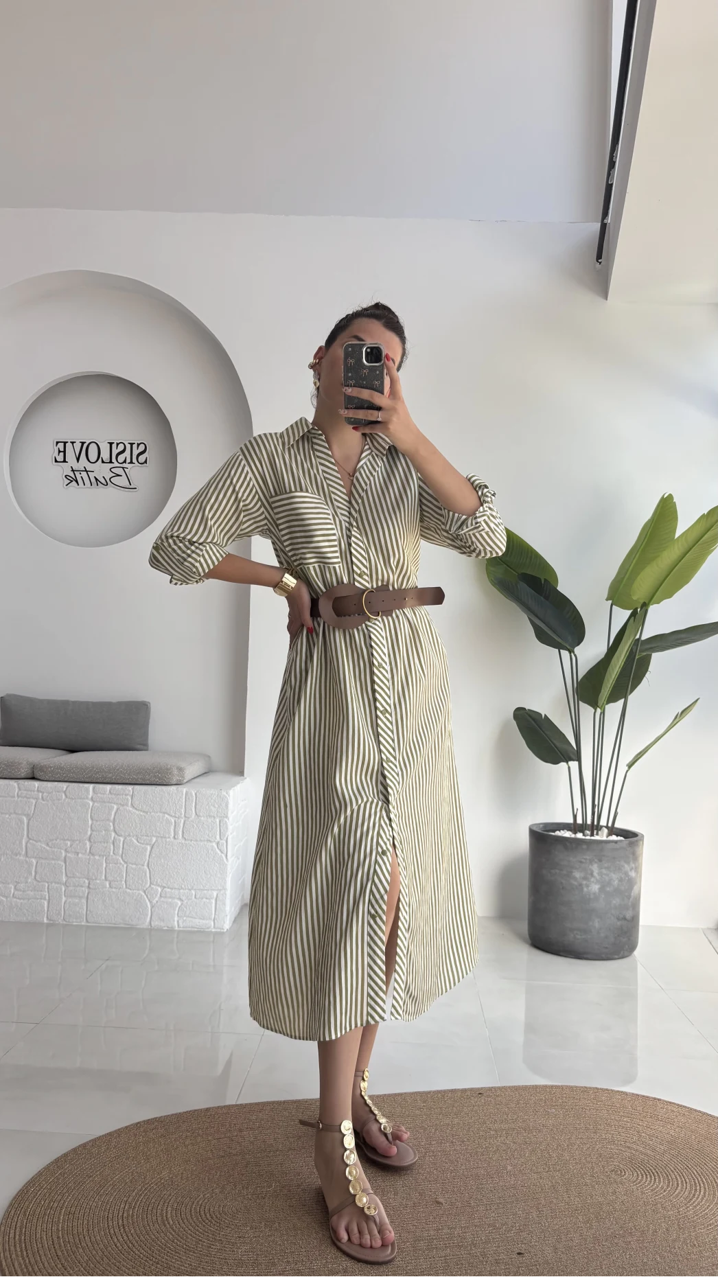 Edith Çizgili Kemerli Gömlek Elbise - Yeşil - 0411