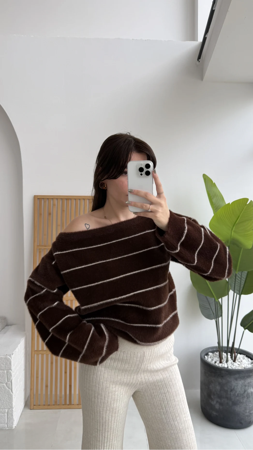 Edwin Kayık Yaka Yumoş Çizgili Kazak - Acı Kahve