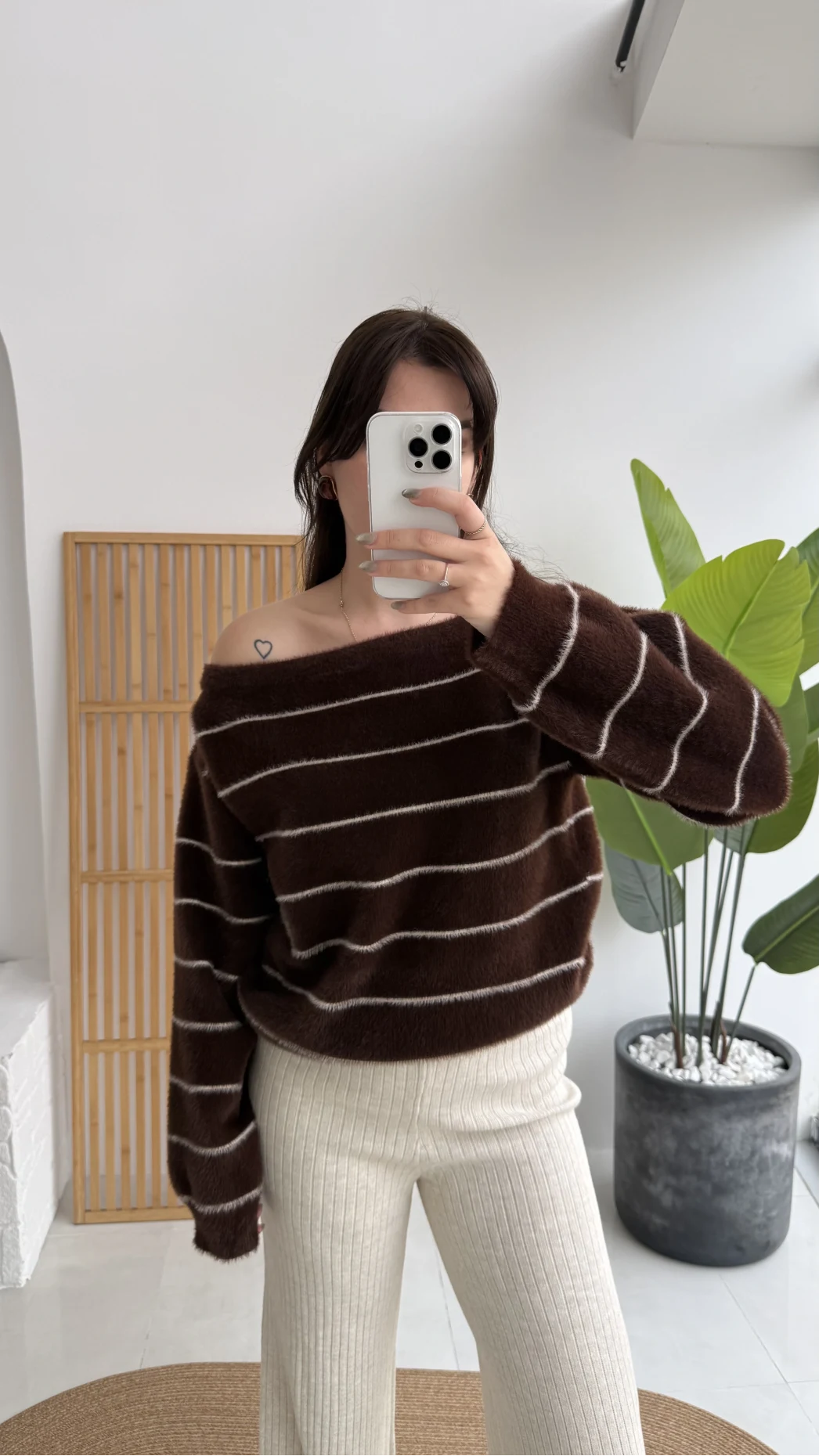 Edwin Kayık Yaka Yumoş Çizgili Kazak - Acı Kahve