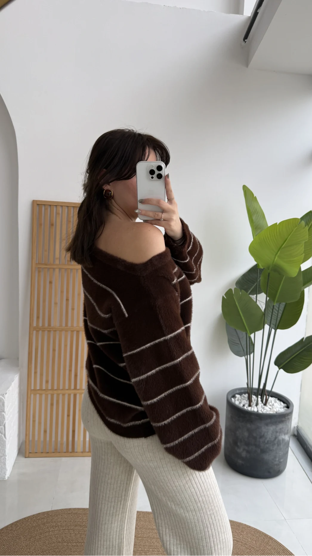 Edwin Kayık Yaka Yumoş Çizgili Kazak - Acı Kahve