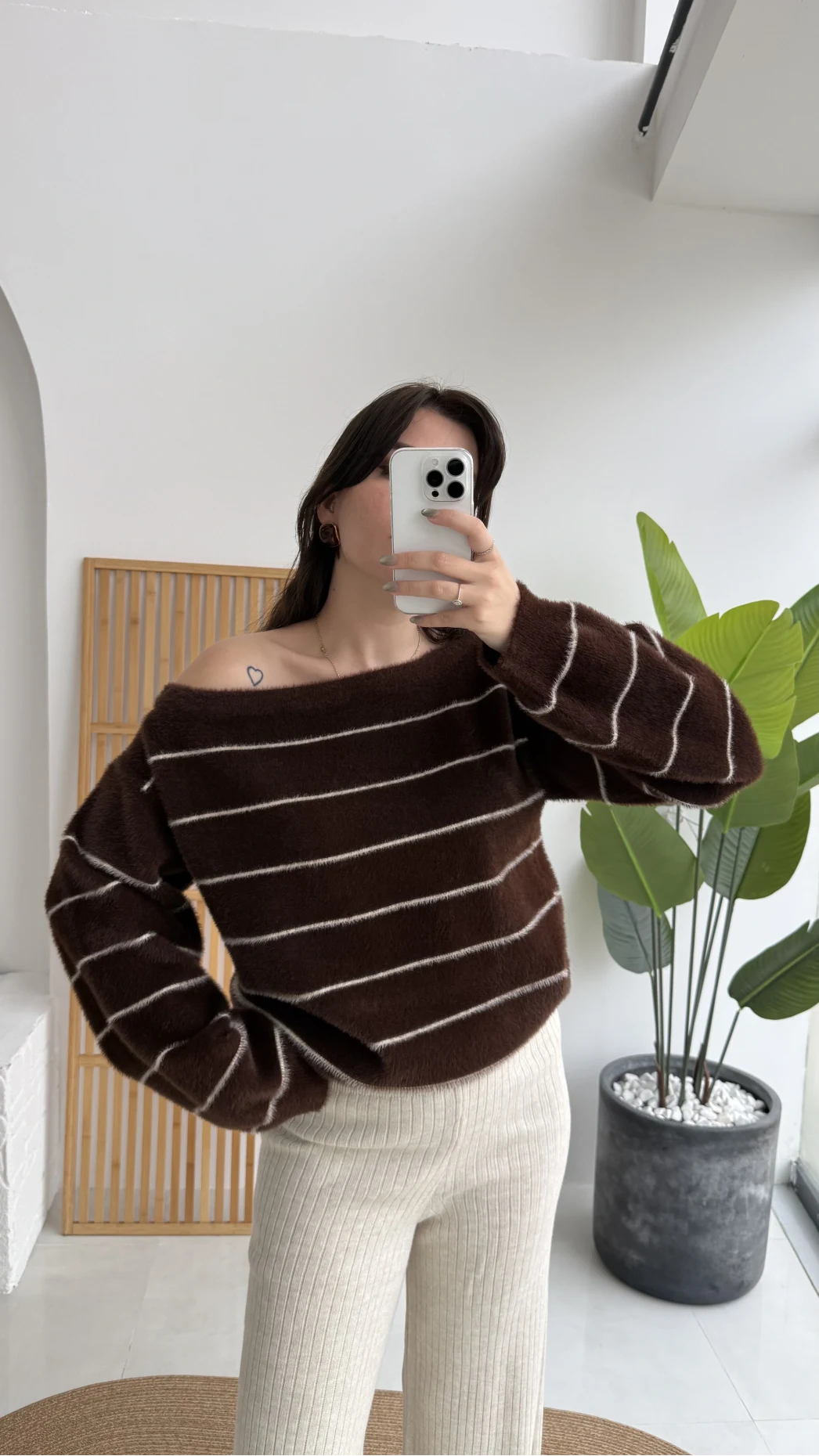 Edwin Kayık Yaka Yumoş Çizgili Kazak - Acı Kahve