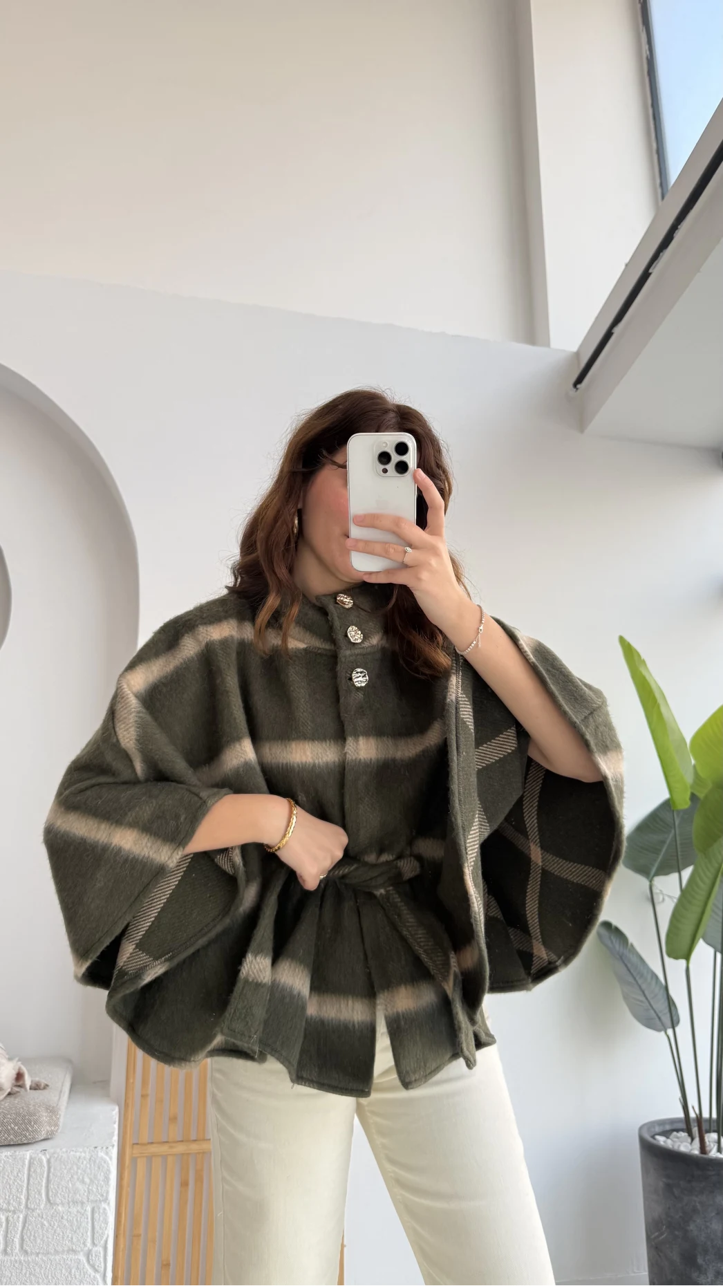 Ekose Desenli Bağlamalı Panço - Haki