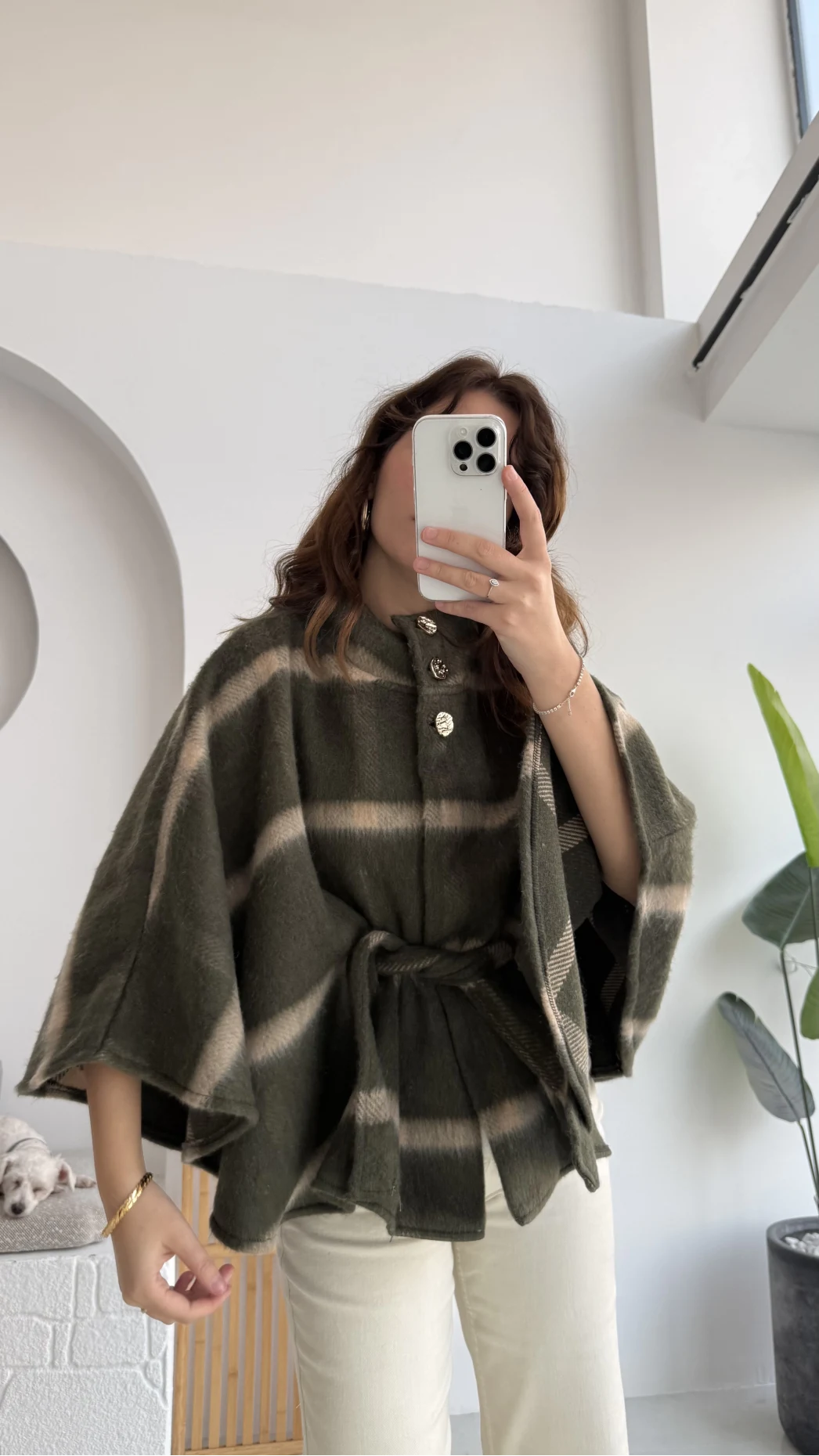 Ekose Desenli Bağlamalı Panço - Haki