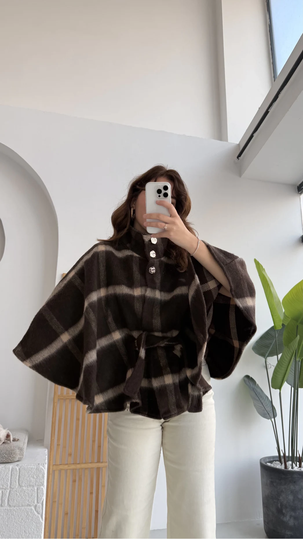 Ekose Desenli Bağlamalı Panço - Kahverengi