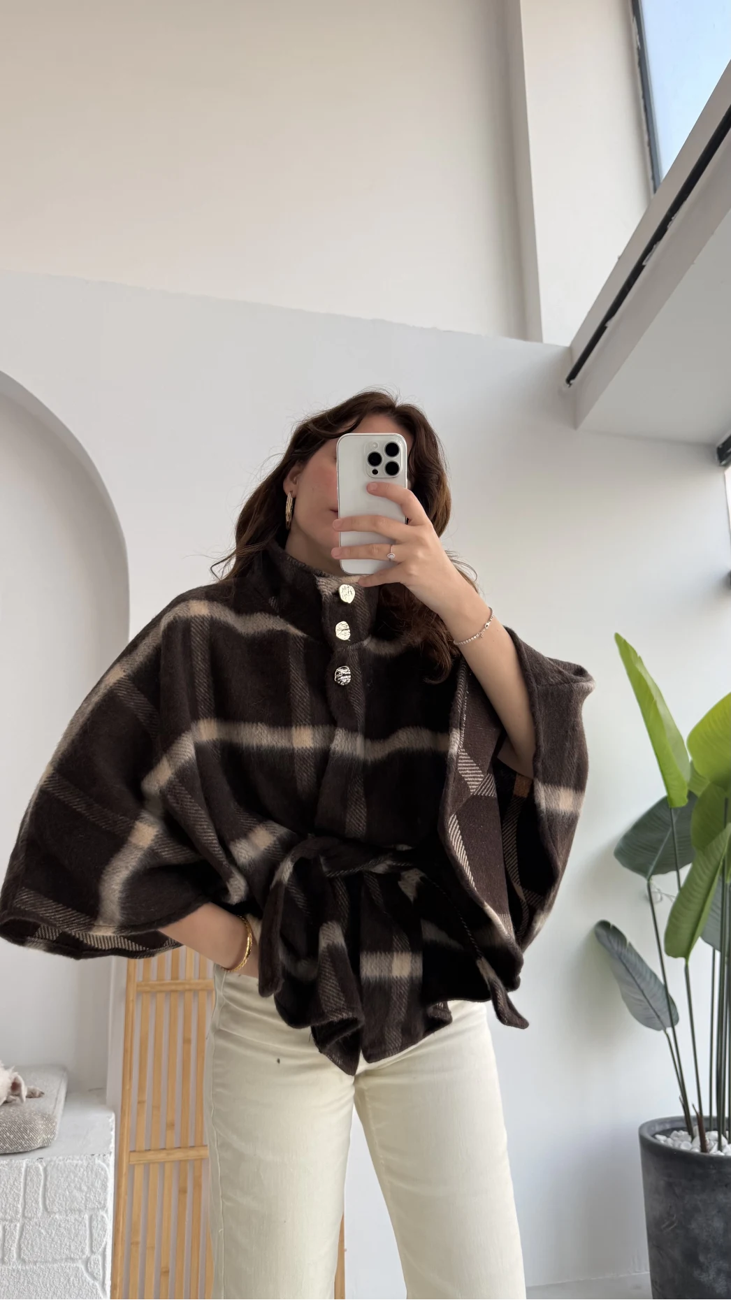 Ekose Desenli Bağlamalı Panço - Kahverengi