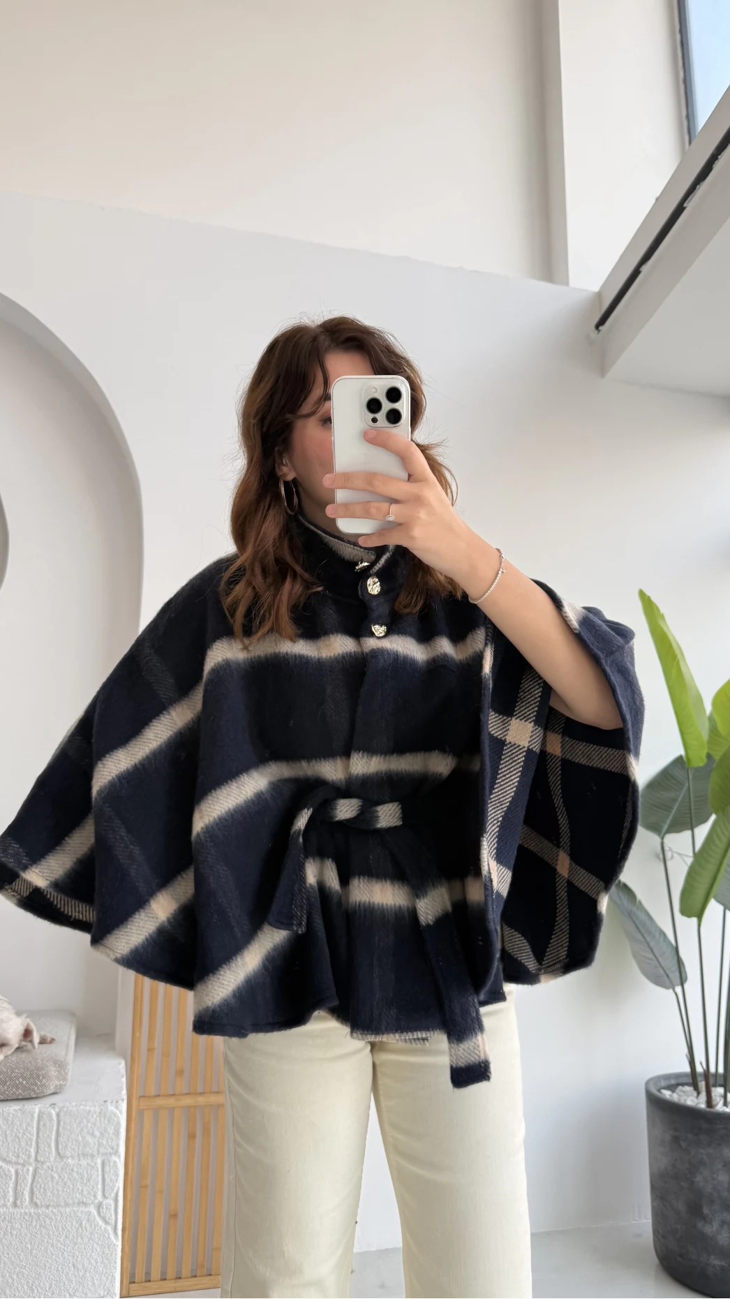 Ekose Desenli Bağlamalı Panço - Lacivert