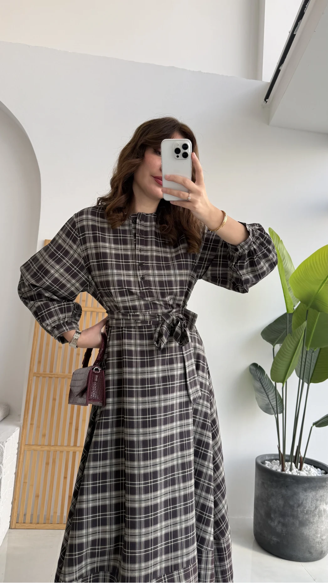 Ekose Desenli Kuşaklı Kloş Elbise - Kahverengi - Kod:26502