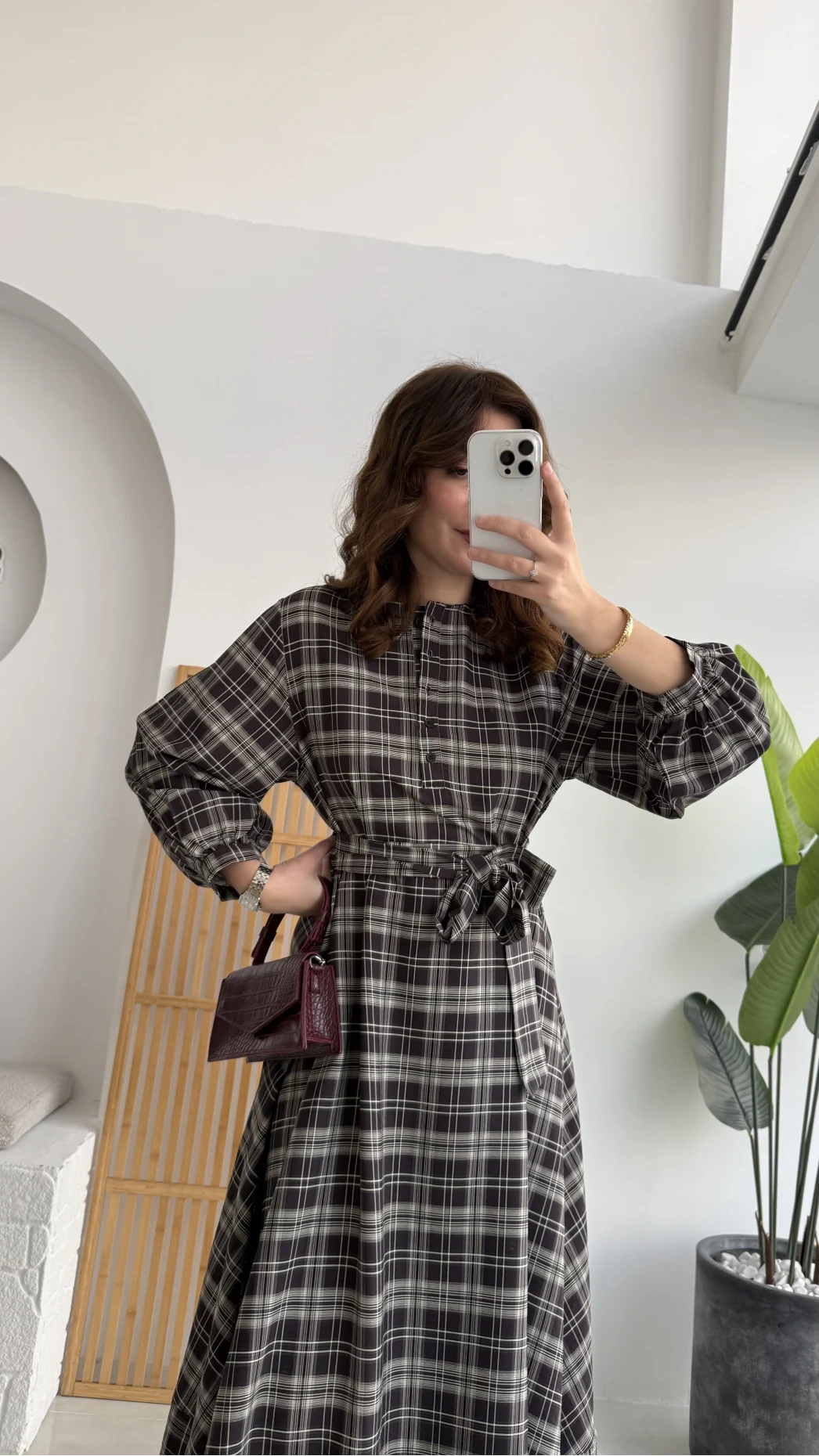 Ekose Desenli Kuşaklı Kloş Elbise - Kahverengi - Kod:26502