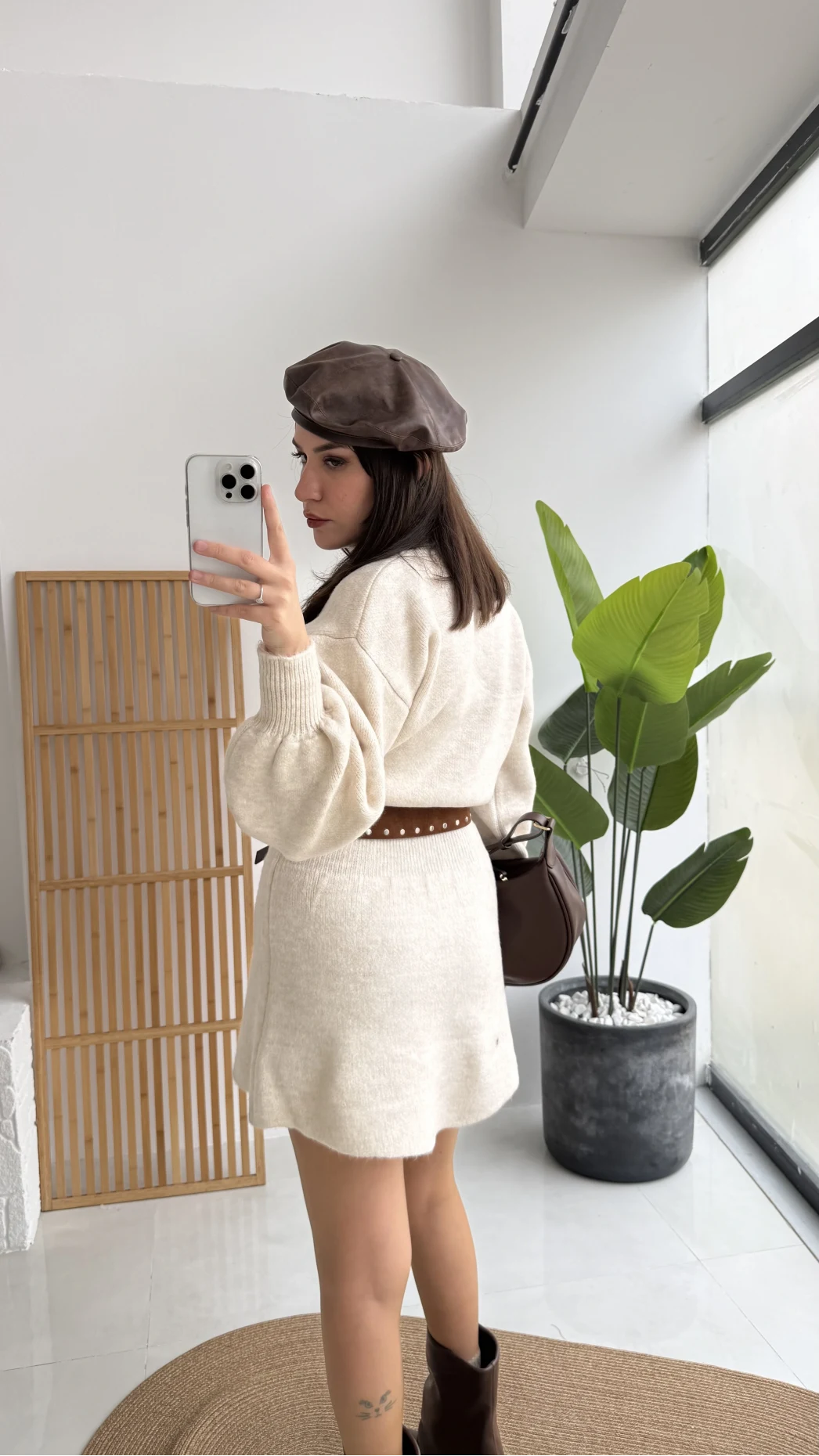 Ekru Mini Etek Hırka Takım