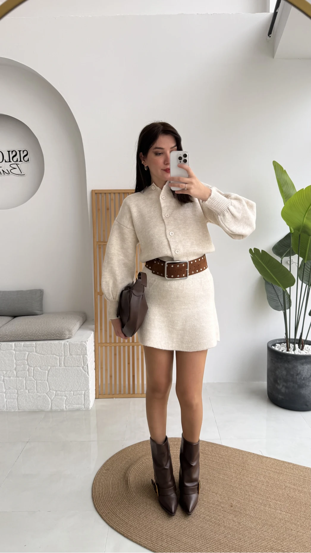 Ekru Mini Etek Hırka Takım