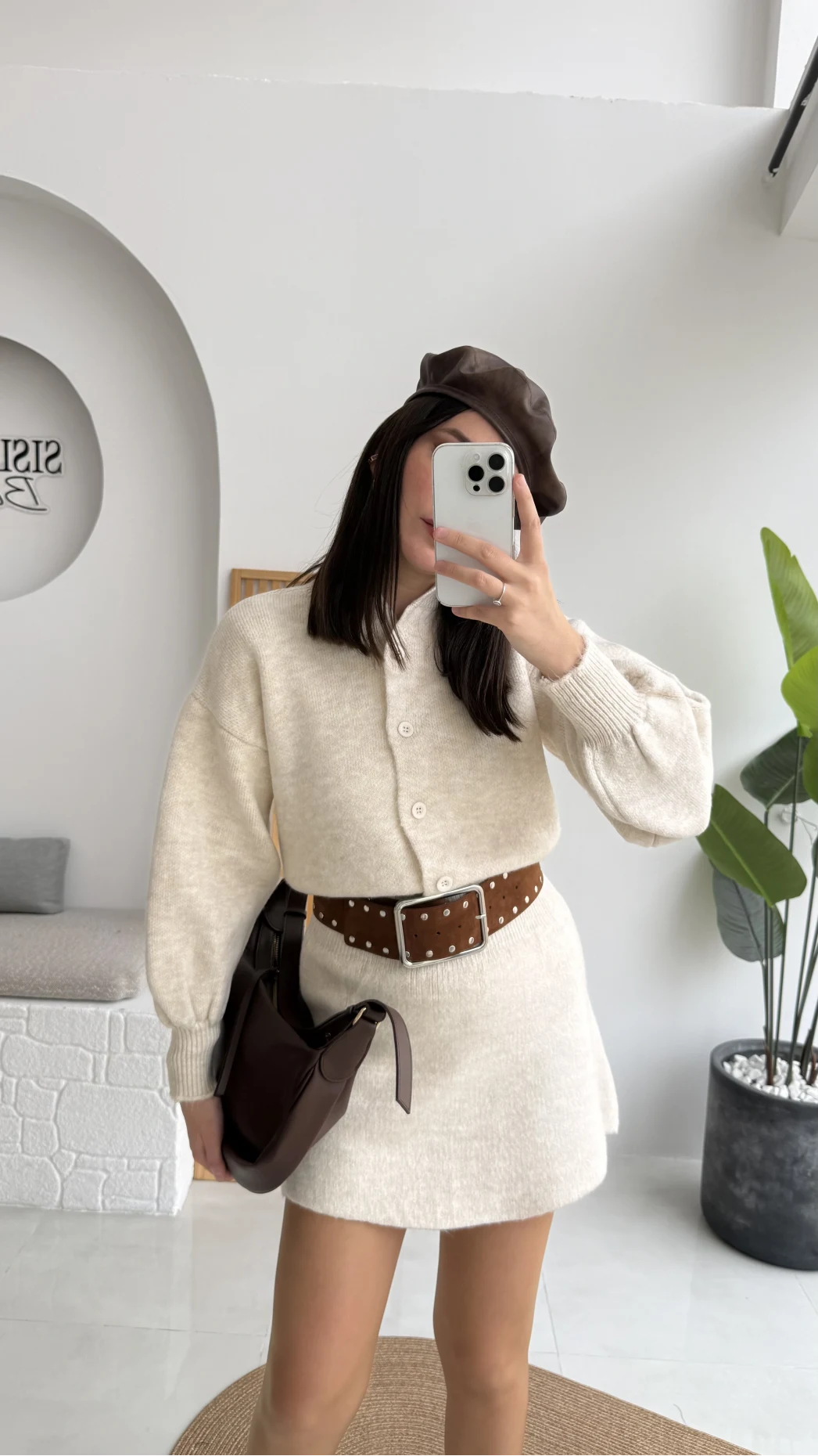 Ekru Mini Etek Hırka Takım