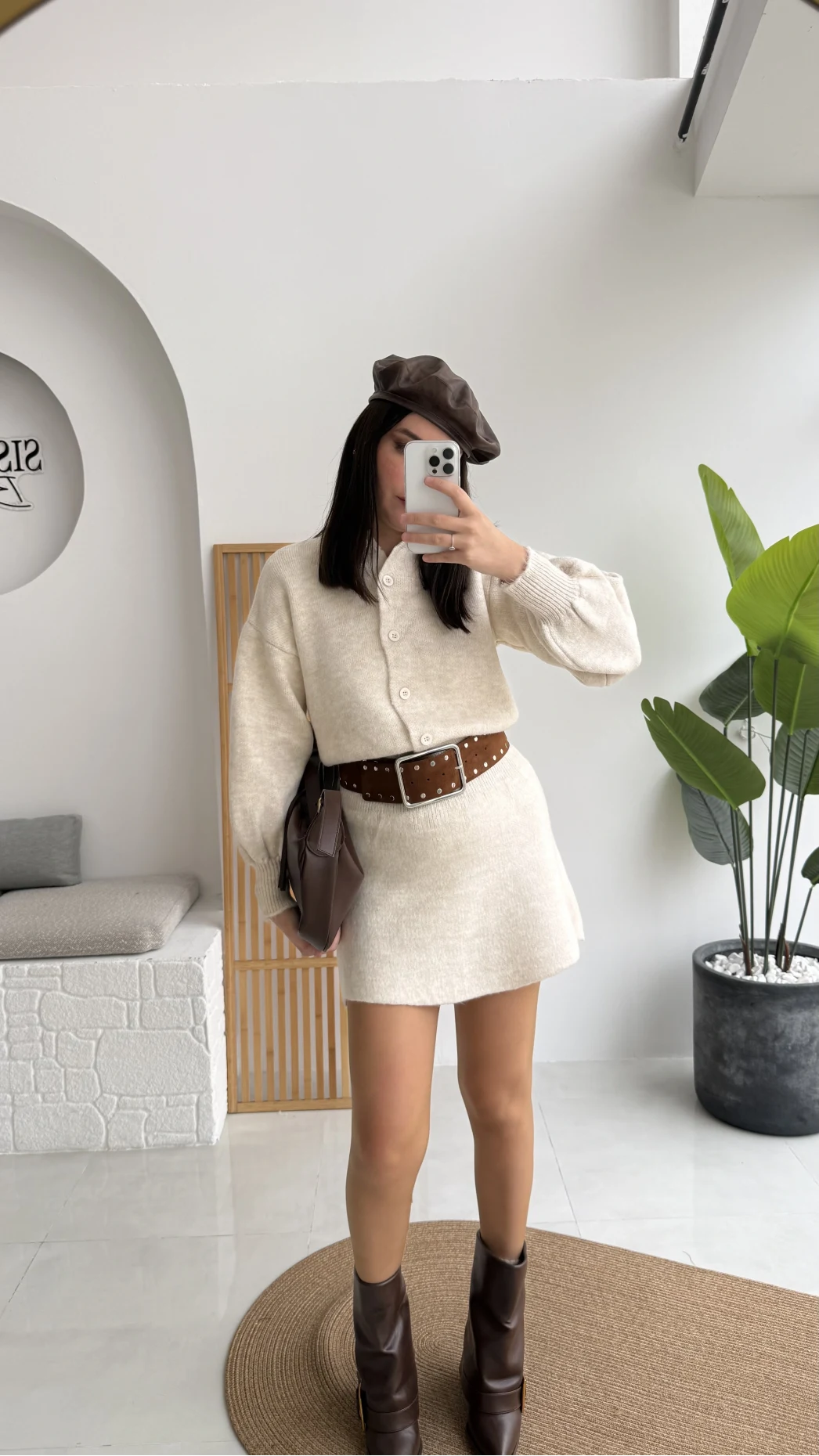 Ekru Mini Etek Hırka Takım