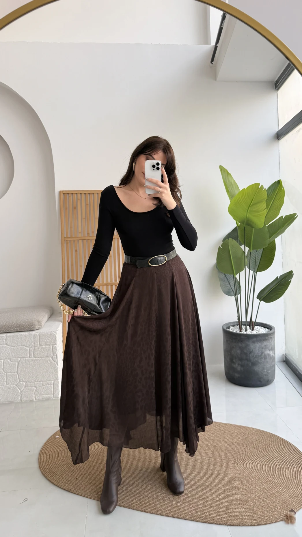 Eleanor Asimetrik Kesim Saten Etek - Acı Kahve - Kod: 3362