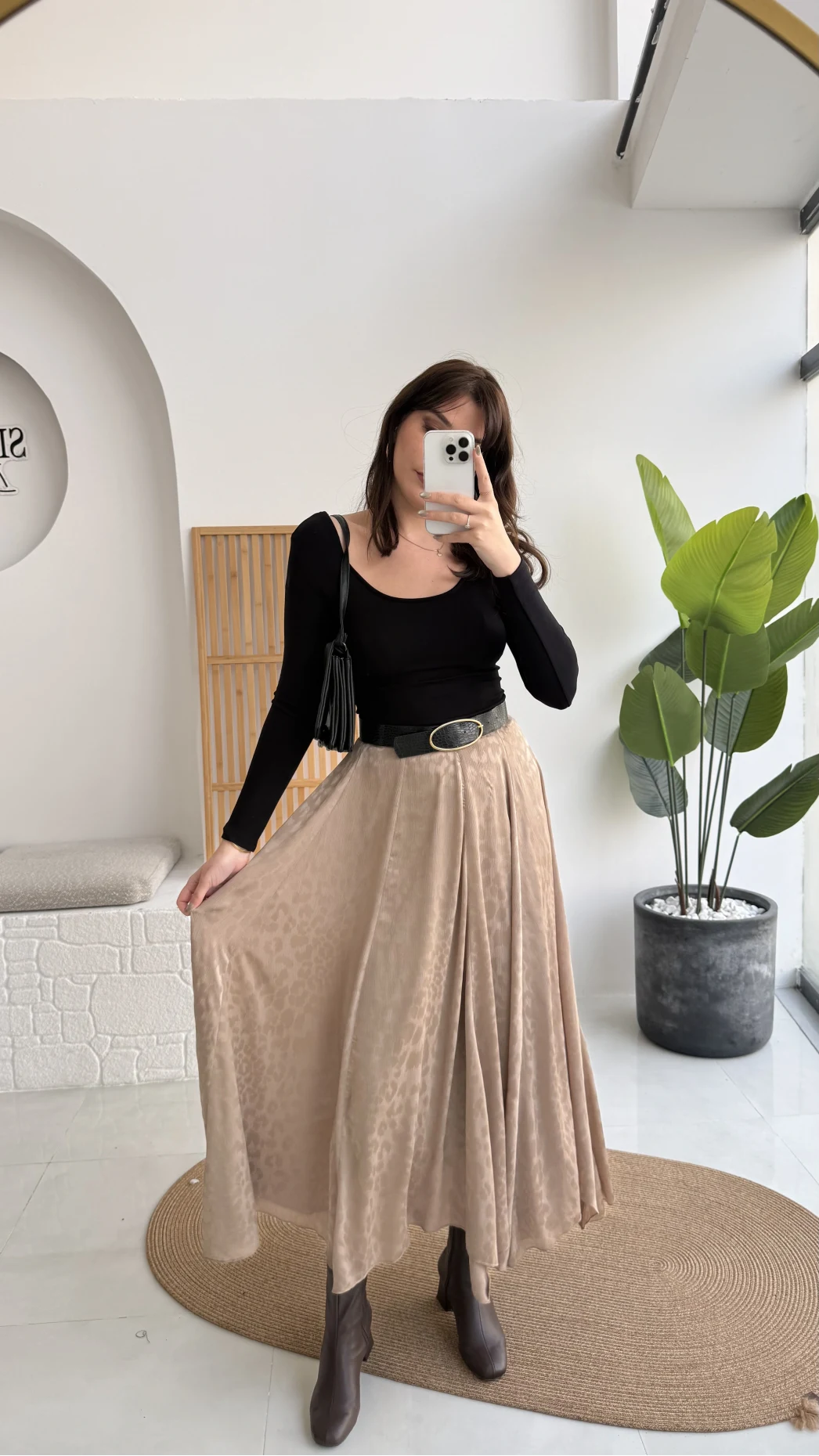 Eleanor Asimetrik Kesim Saten Etek - Camel - Kod: 3362