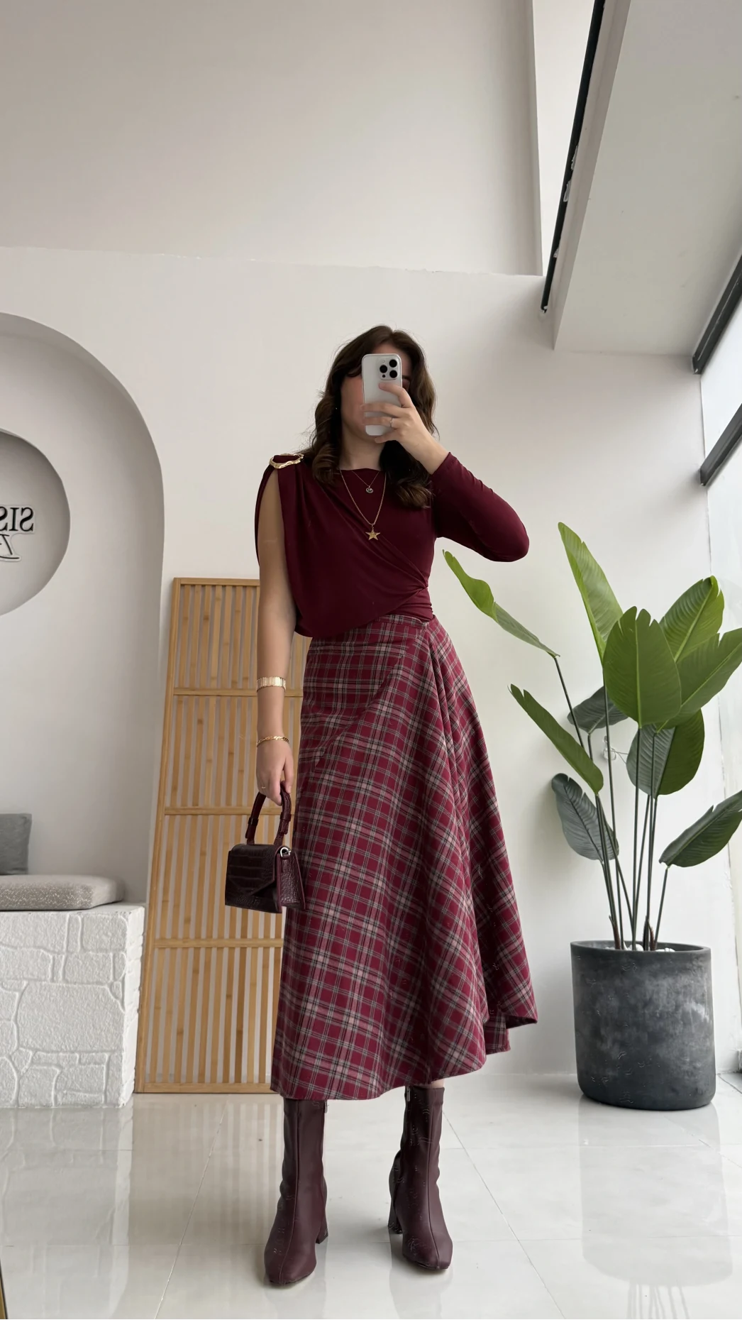 Eliza Asimetrik Kesim Ekose Desenli Etek - Bordo