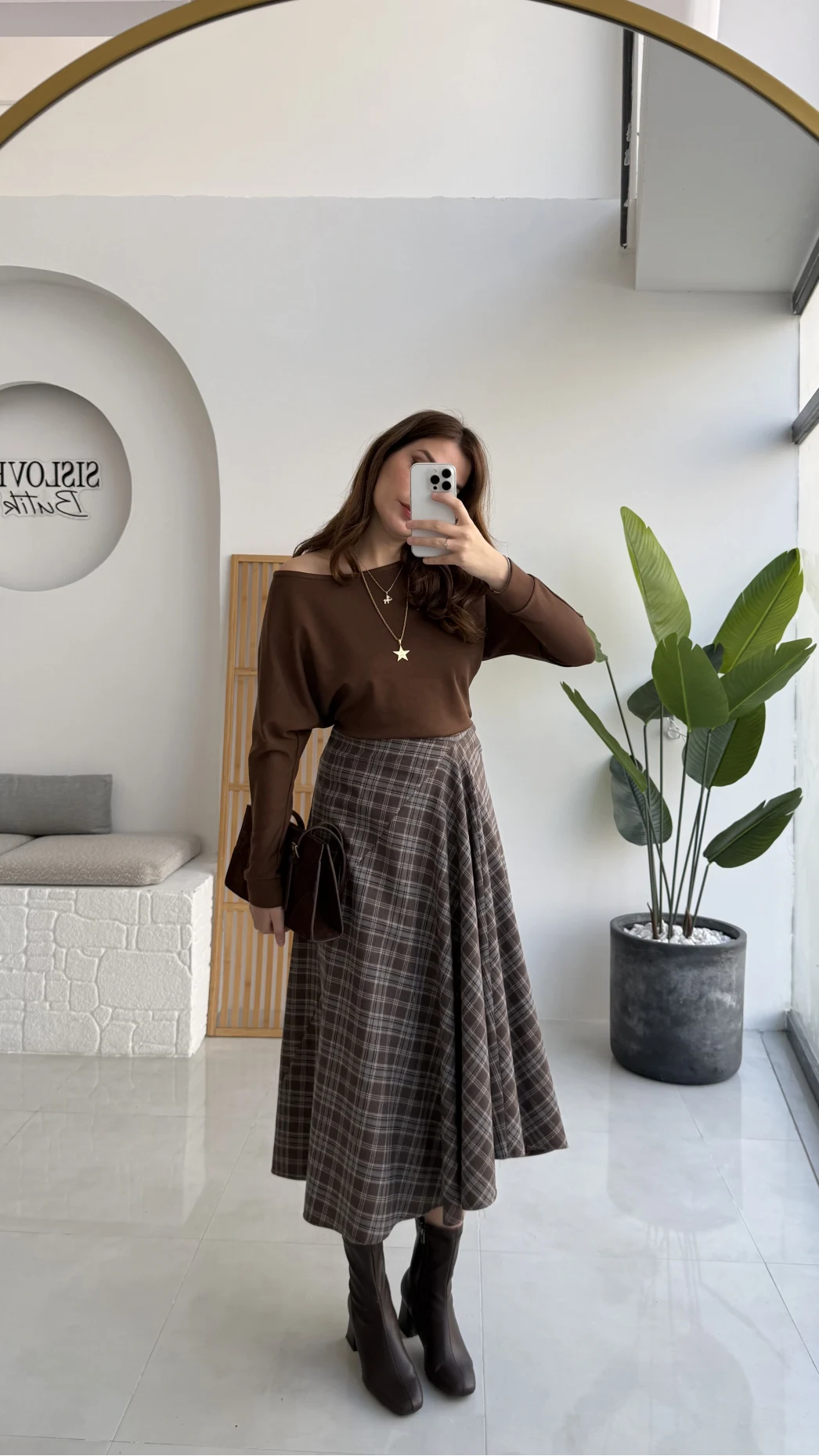 Eliza Asimetrik Kesim Ekose Desenli Etek - Kahverengi