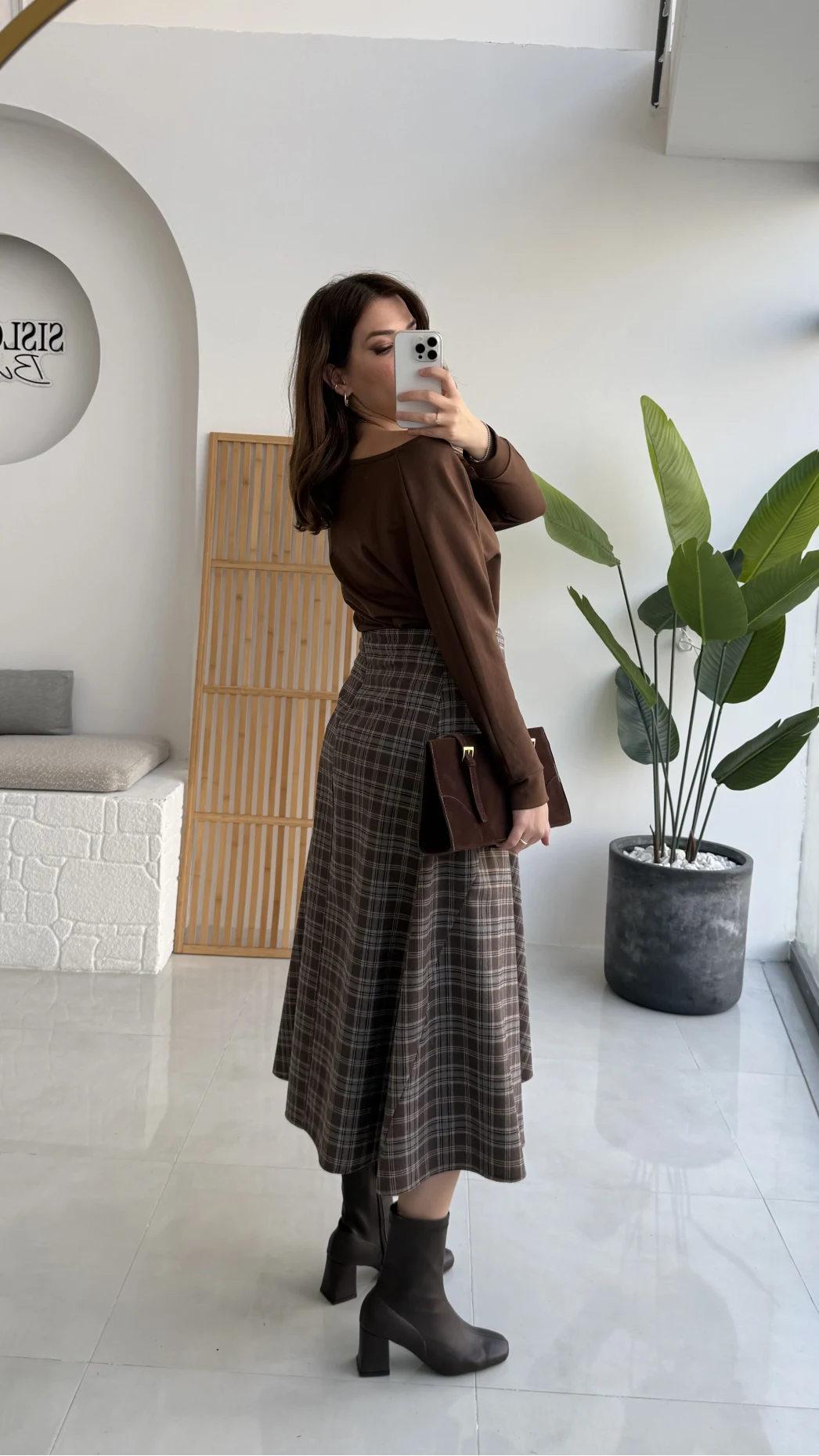 Eliza Asimetrik Kesim Ekose Desenli Etek - Kahverengi