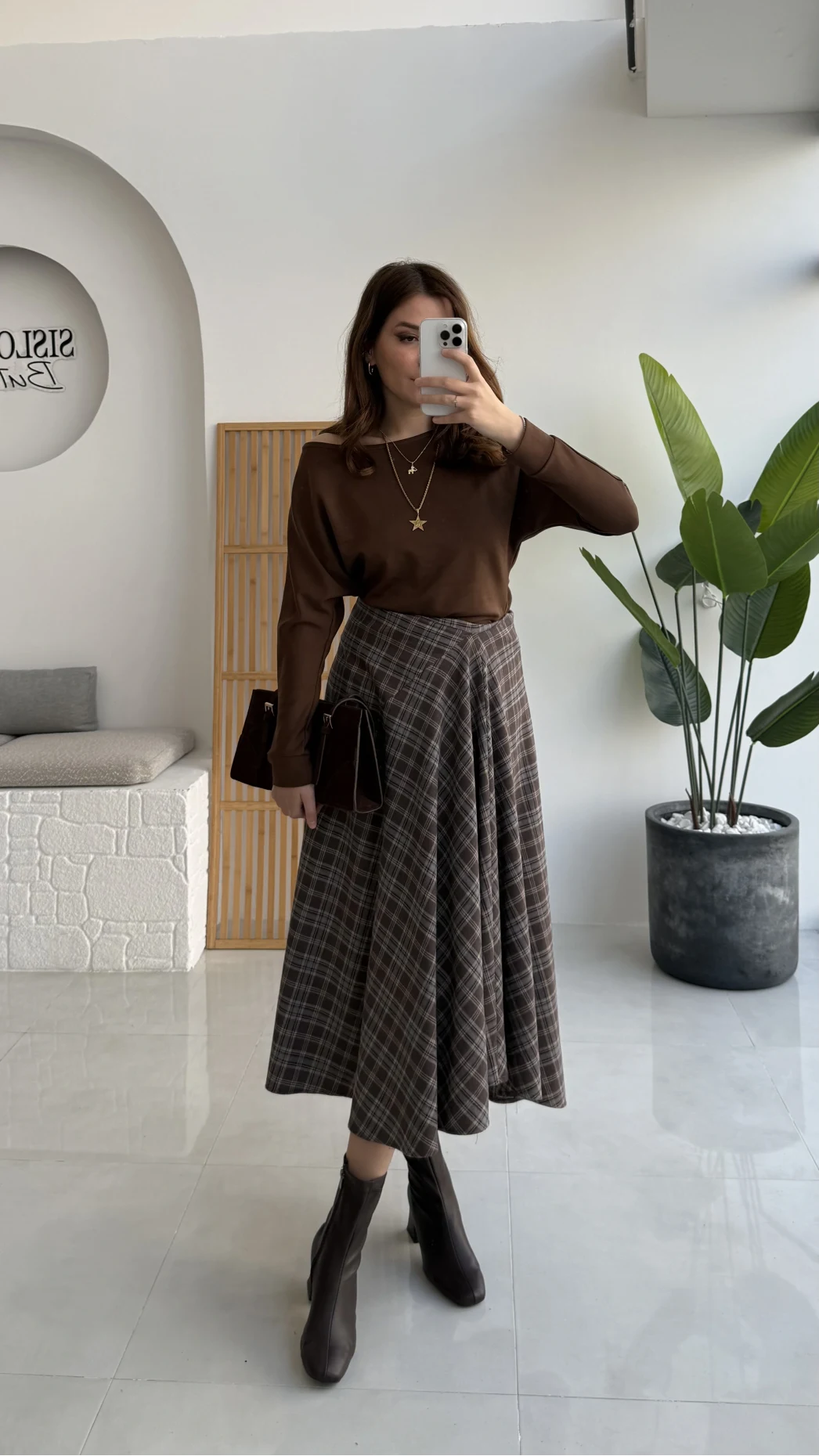 Eliza Asimetrik Kesim Ekose Desenli Etek - Kahverengi