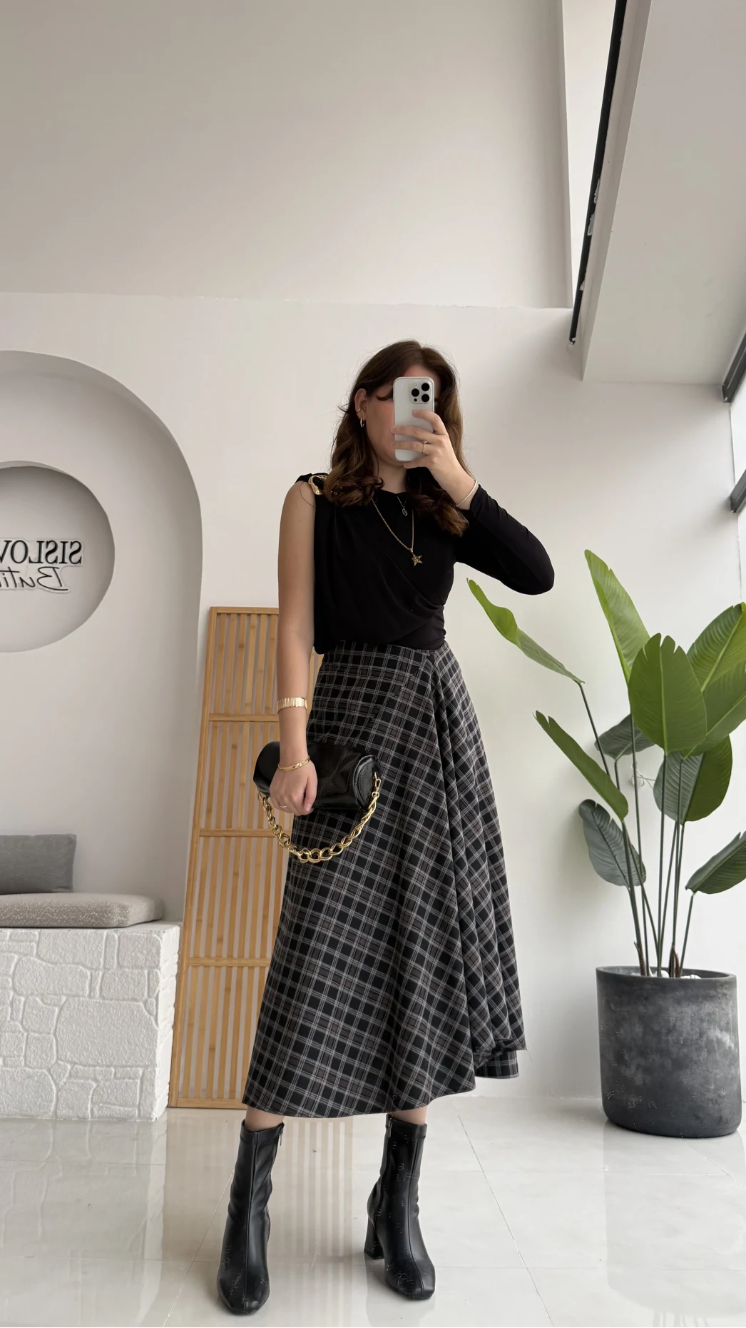 Eliza Asimetrik Kesim Ekose Desenli Etek - Siyah