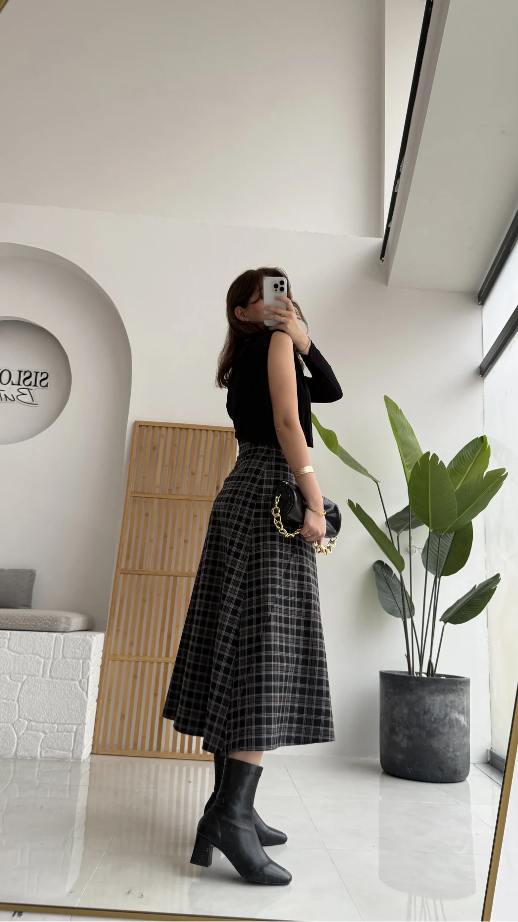 Eliza Asimetrik Kesim Ekose Desenli Etek - Siyah