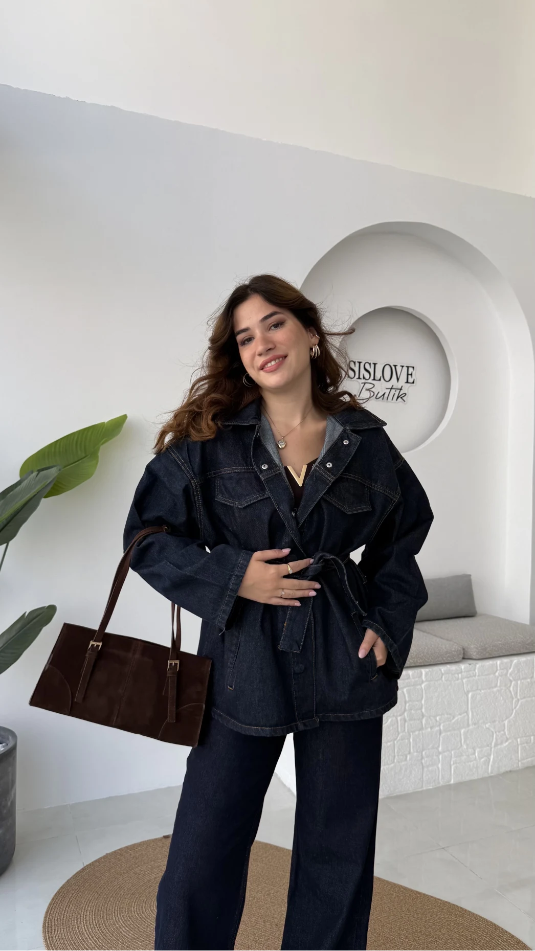 Ellie Kuşaklı Denim Ceket Pantolon Takım - Mavi