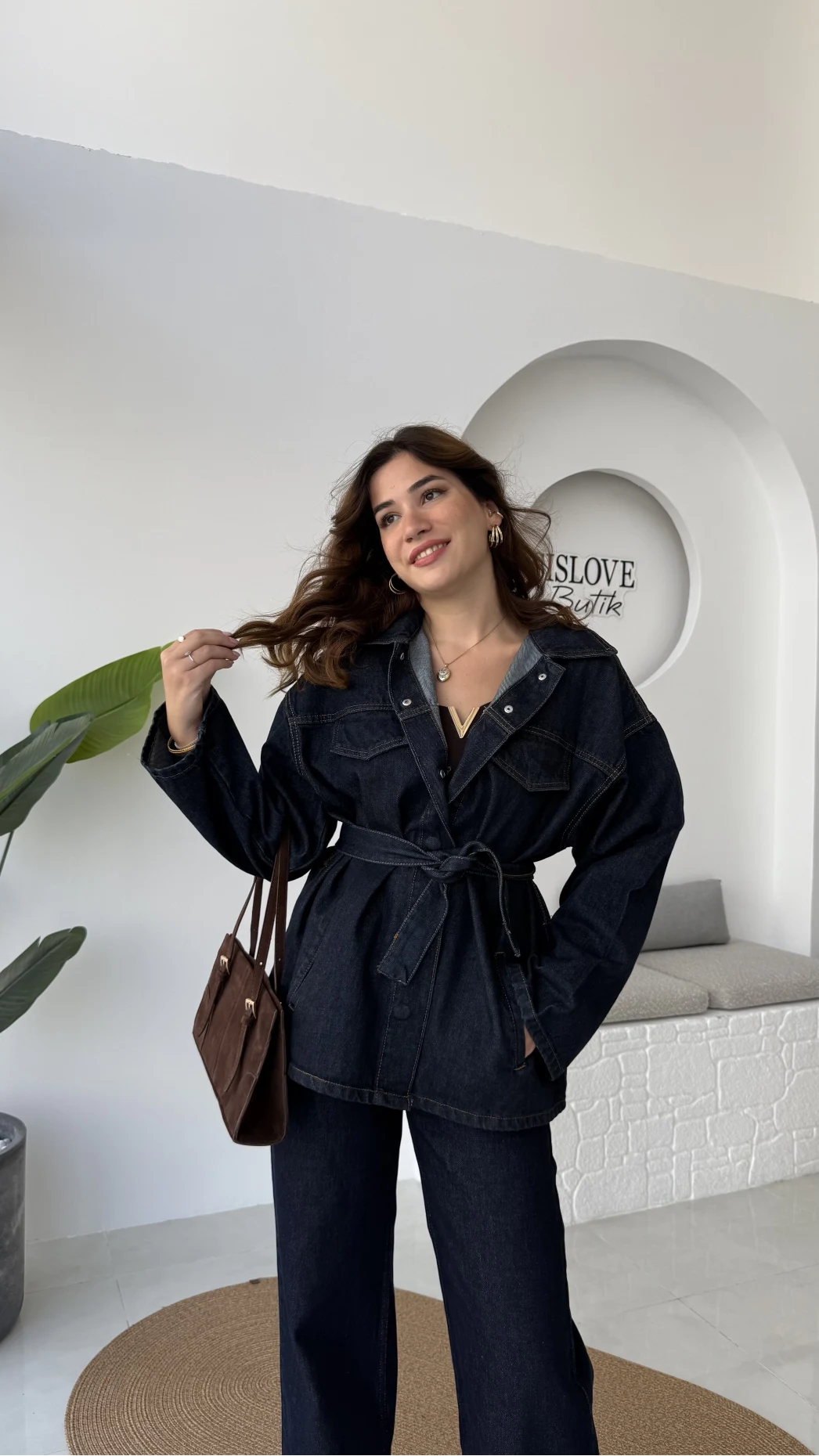 Ellie Kuşaklı Denim Ceket Pantolon Takım - Mavi