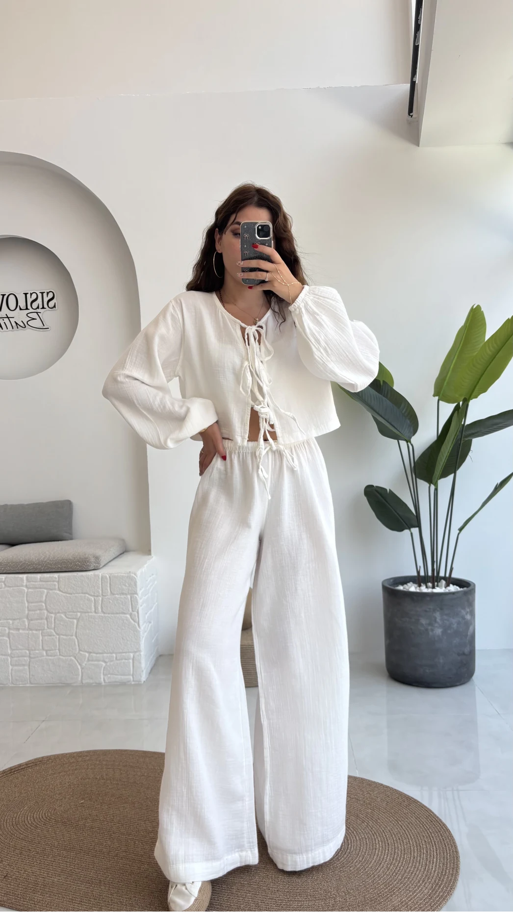 Elsa Pamuk Kumaş Bluz - Pantolon Takım - Beyaz - 42501 - 42601