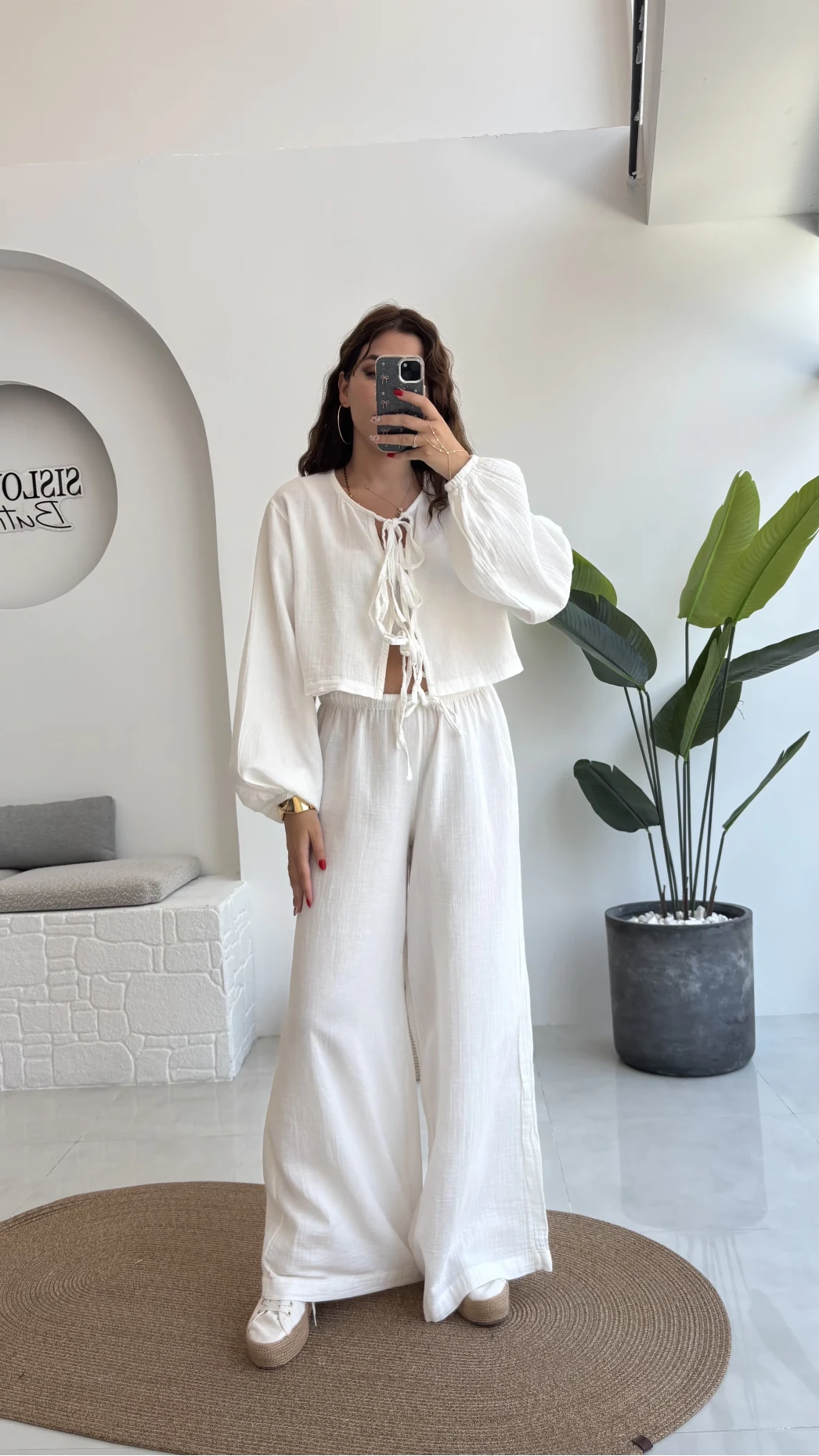 Elsa Pamuk Kumaş Bluz - Pantolon Takım - Beyaz - 42501 - 42601