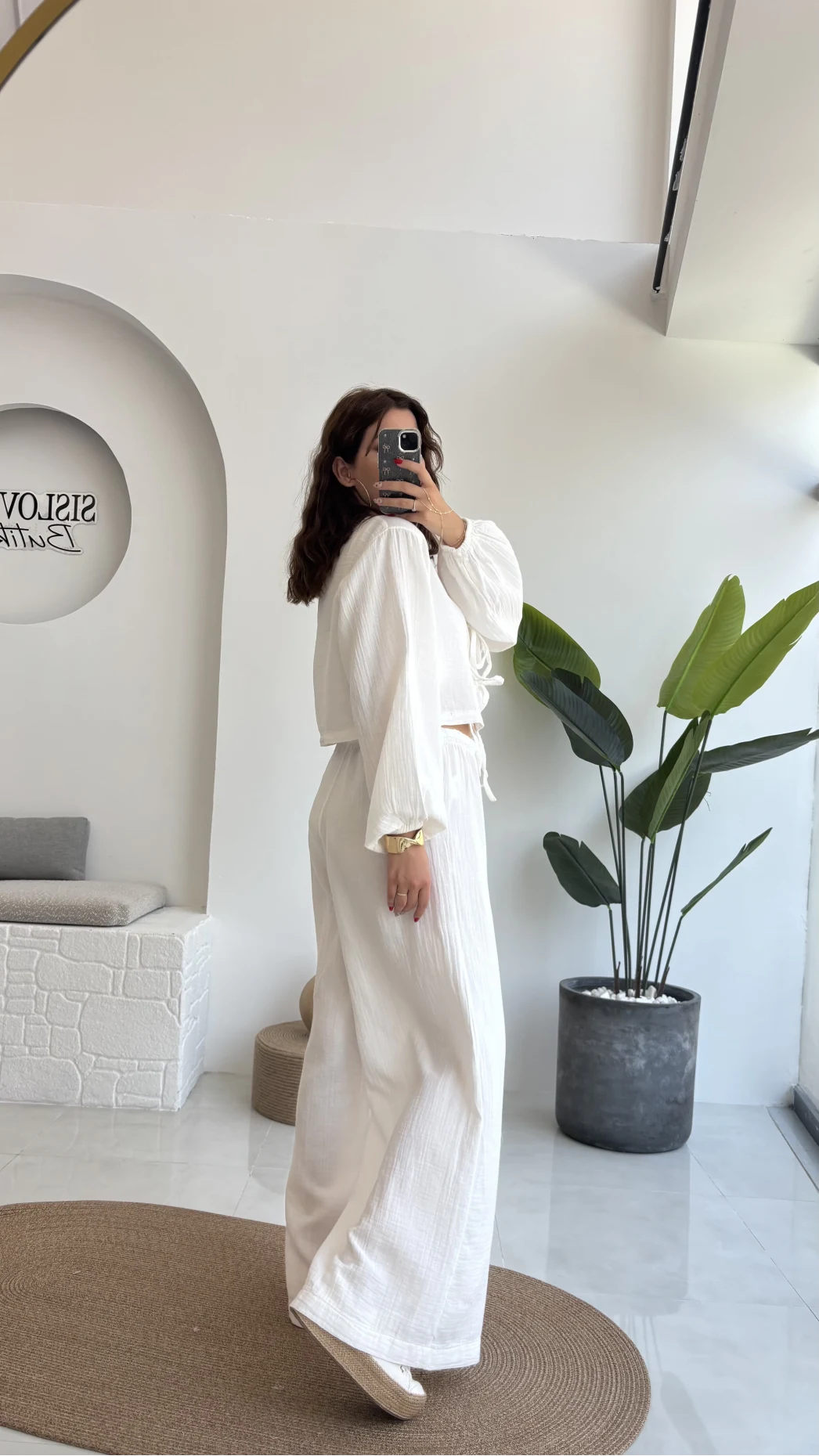 Elsa Pamuk Kumaş Bluz - Pantolon Takım - Beyaz - 42501 - 42601