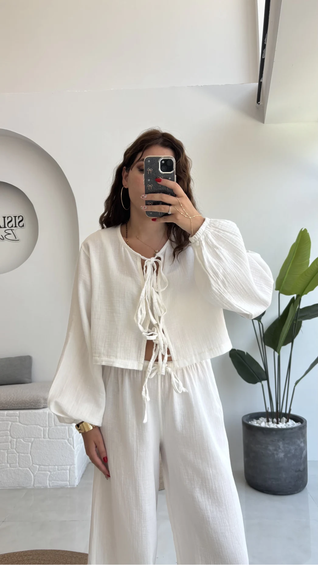 Elsa Pamuk Kumaş Bluz - Pantolon Takım - Beyaz - 42501 - 42601