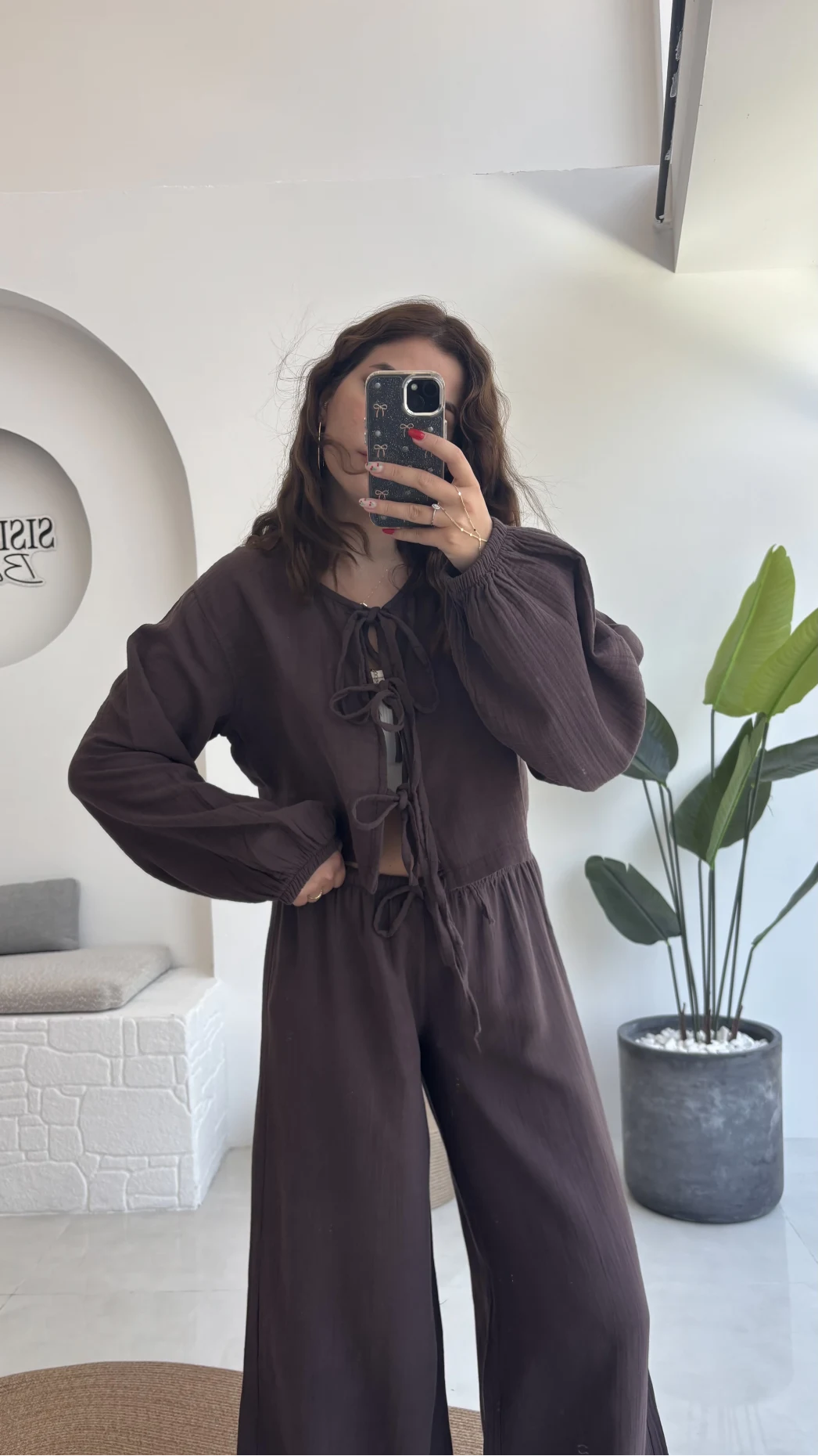 Elsa Pamuk Kumaş Bluz - Pantolon Takım - Kahve - 42502 - 42602