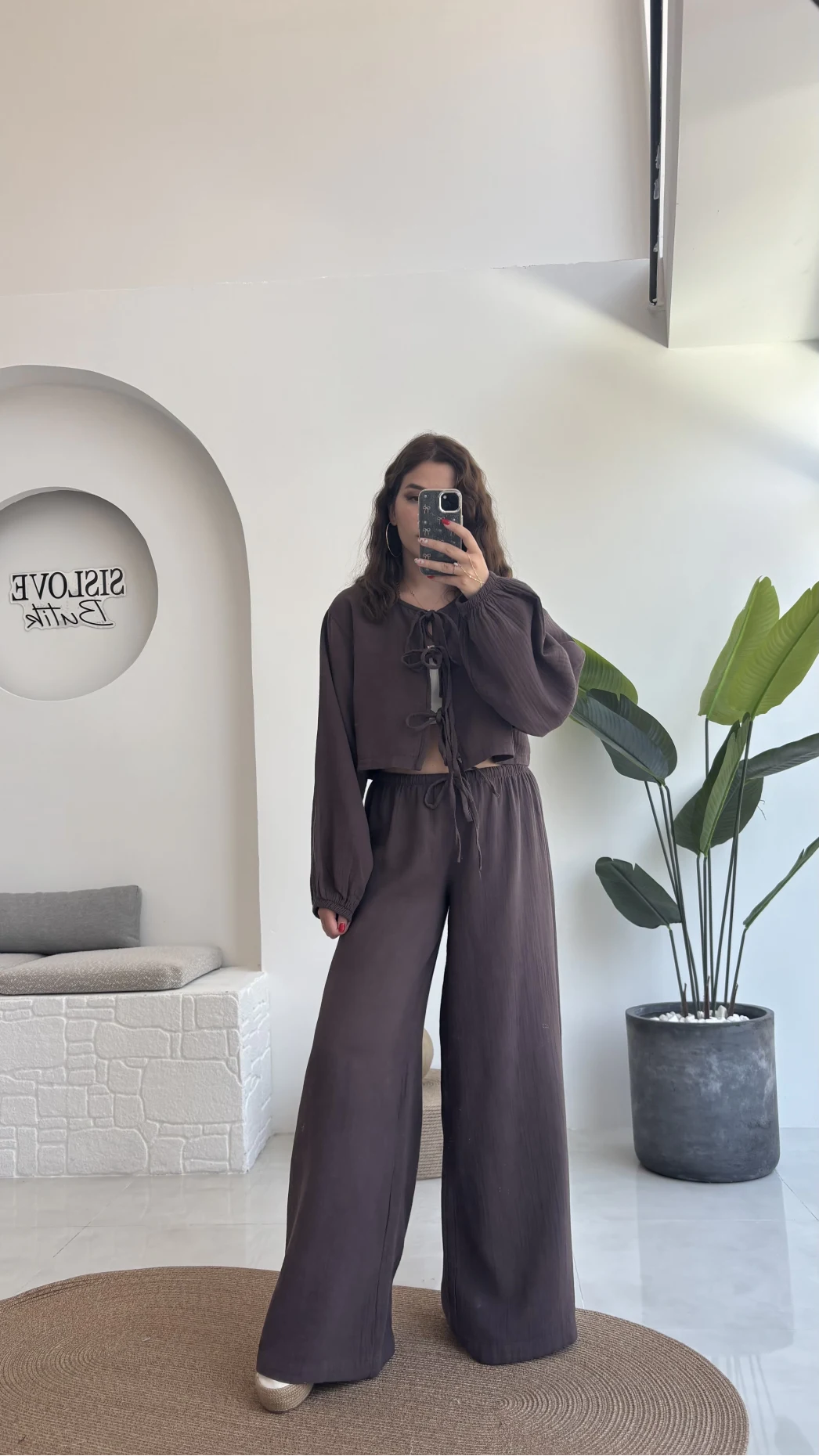 Elsa Pamuk Kumaş Bluz - Pantolon Takım - Kahve - 42502 - 42602