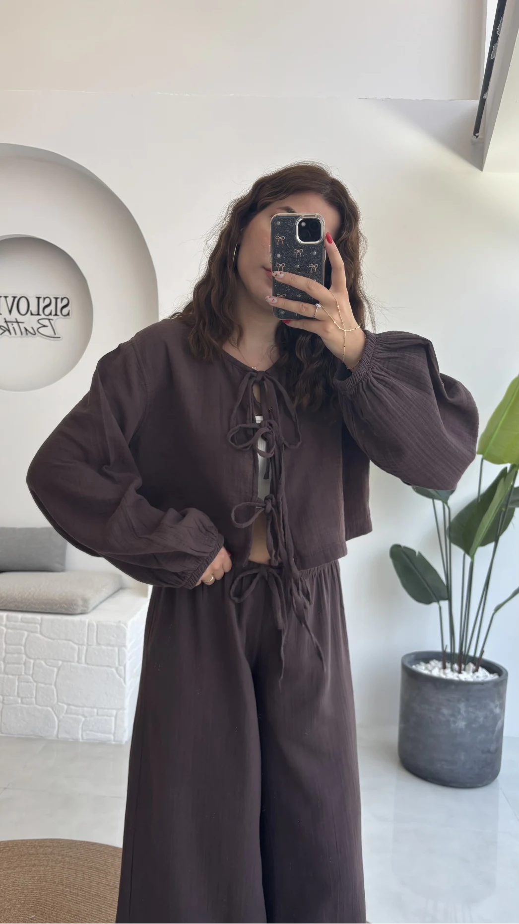 Elsa Pamuk Kumaş Bluz - Pantolon Takım - Kahve - 42502 - 42602