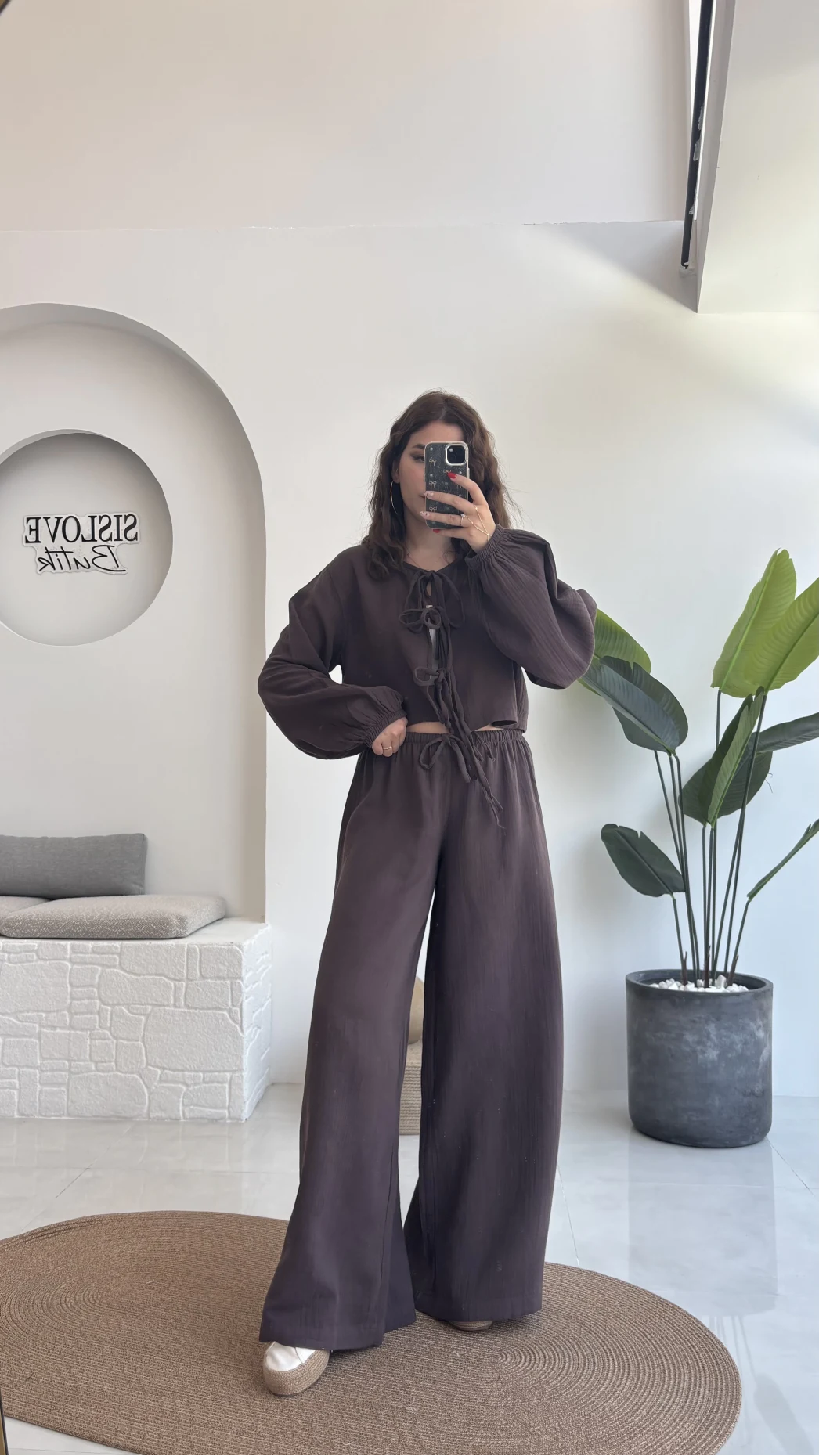 Elsa Pamuk Kumaş Bluz - Pantolon Takım - Kahve - 42502 - 42602