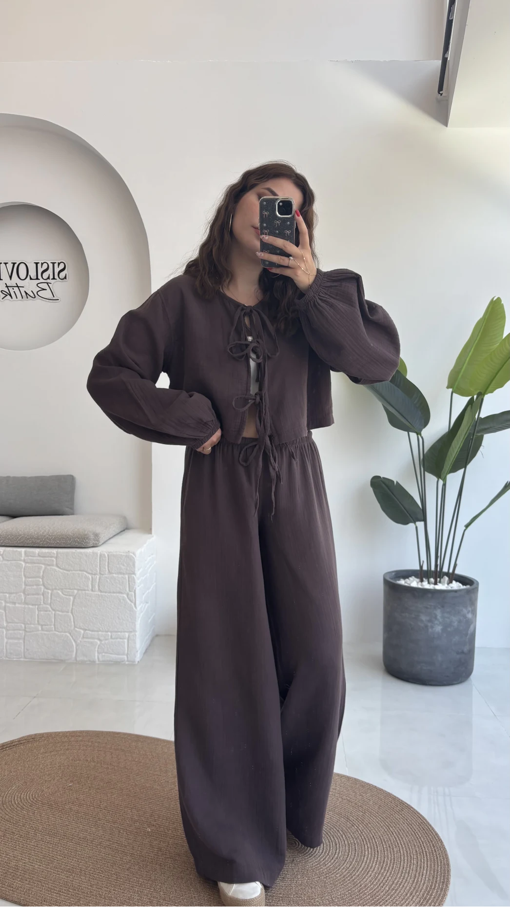 Elsa Pamuk Kumaş Bluz - Pantolon Takım - Kahve - 42502 - 42602