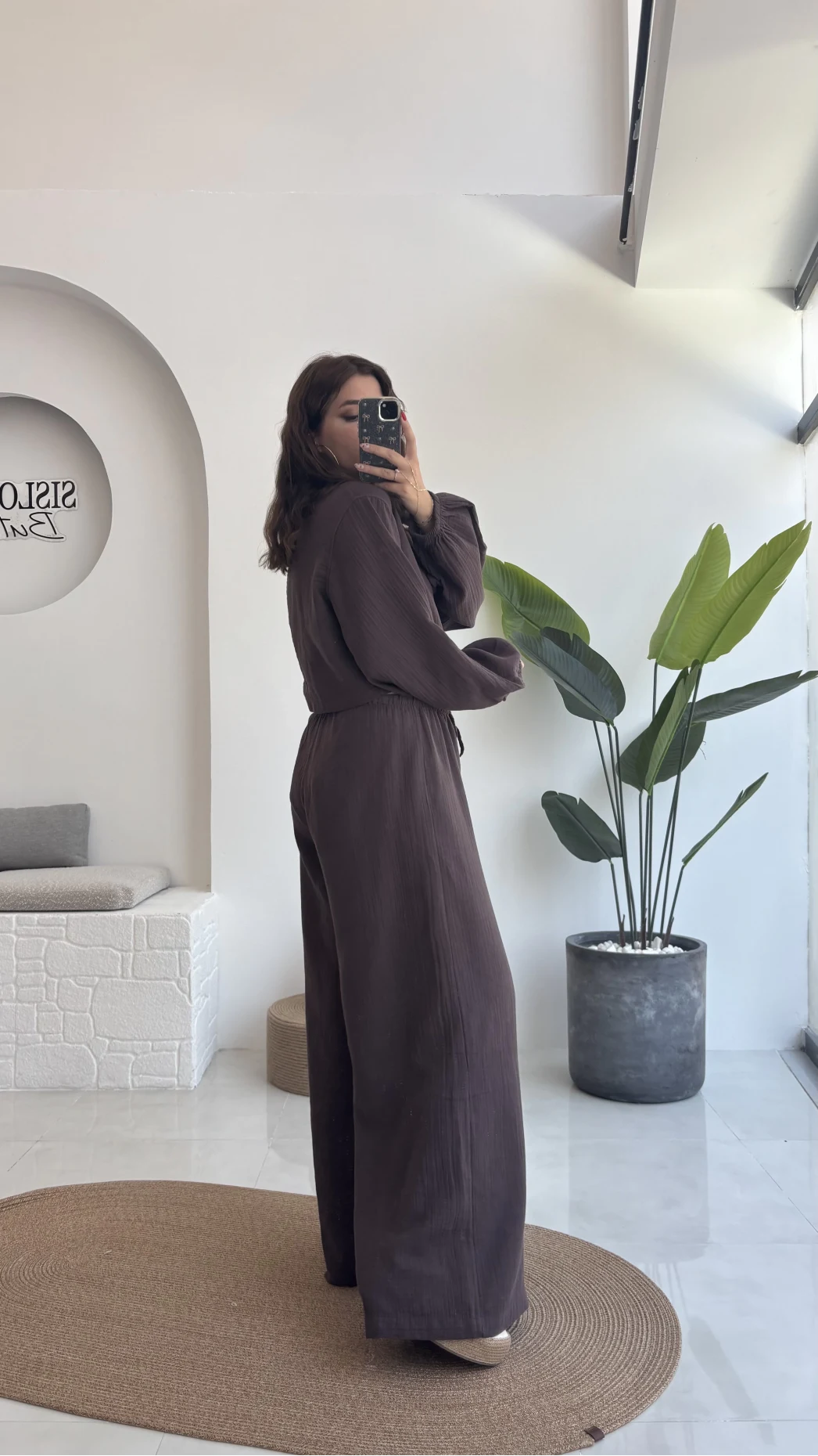 Elsa Pamuk Kumaş Bluz - Pantolon Takım - Kahve - 42502 - 42602