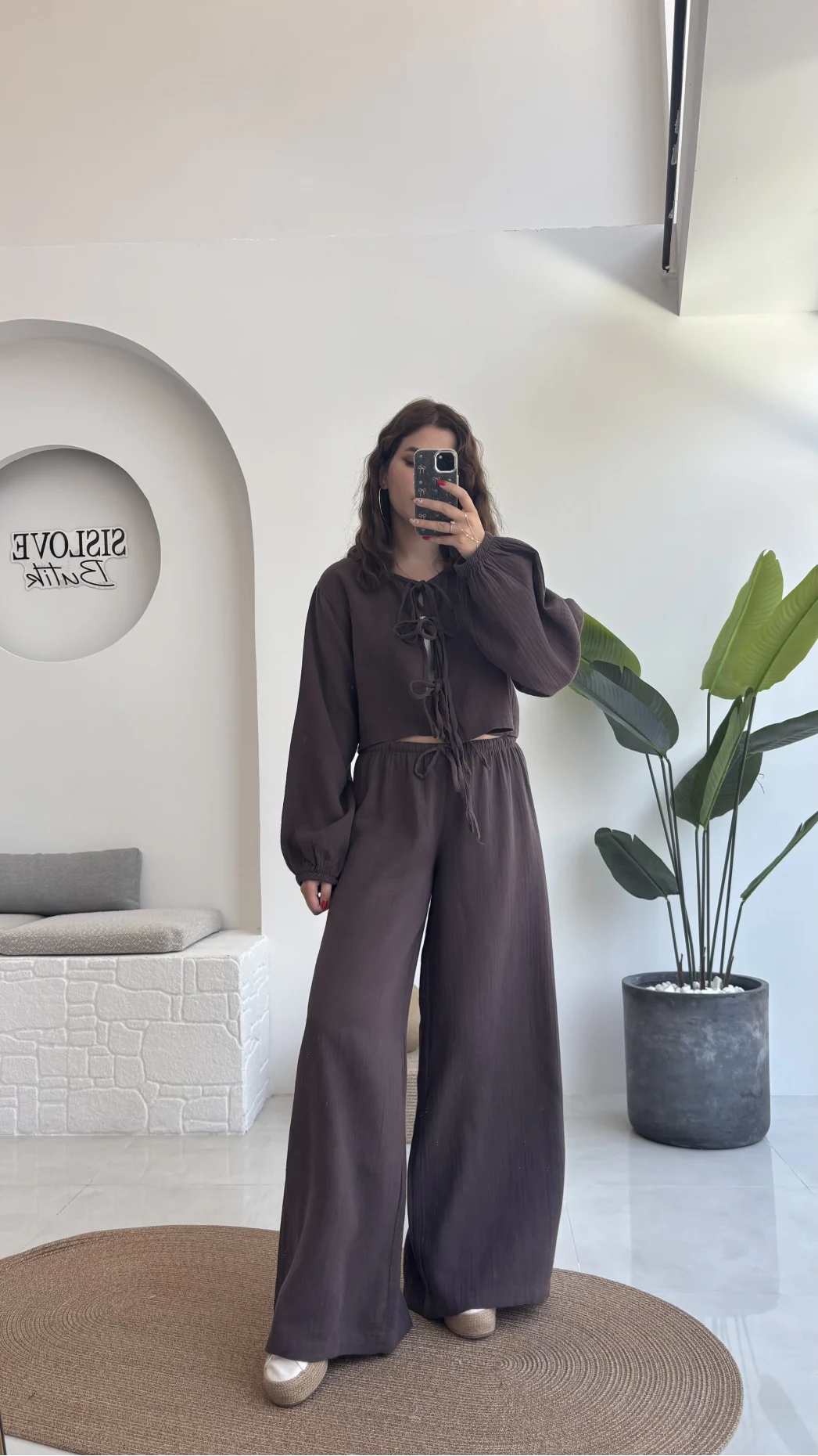 Elsa Pamuk Kumaş Bluz - Pantolon Takım - Kahve - 42502 - 42602