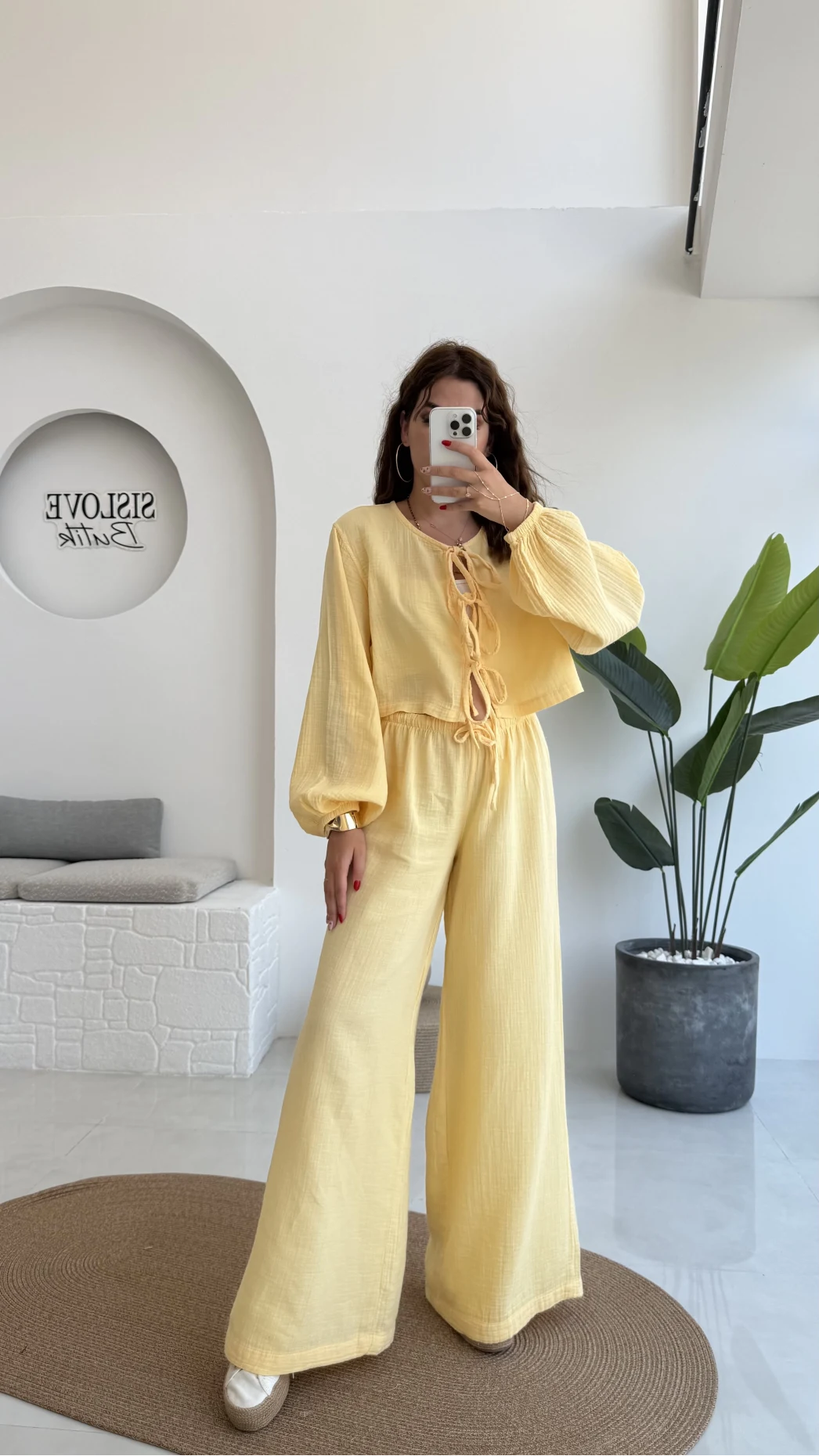 Elsa Pamuk Kumaş Bluz - Pantolon Takım - Sarı - 42503 - 42603