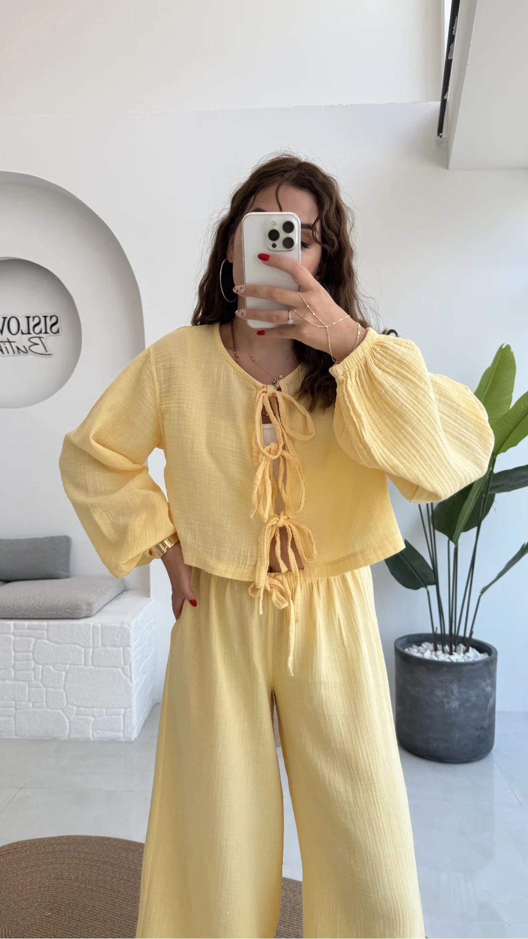 Elsa Pamuk Kumaş Bluz - Pantolon Takım - Sarı - 42503 - 42603