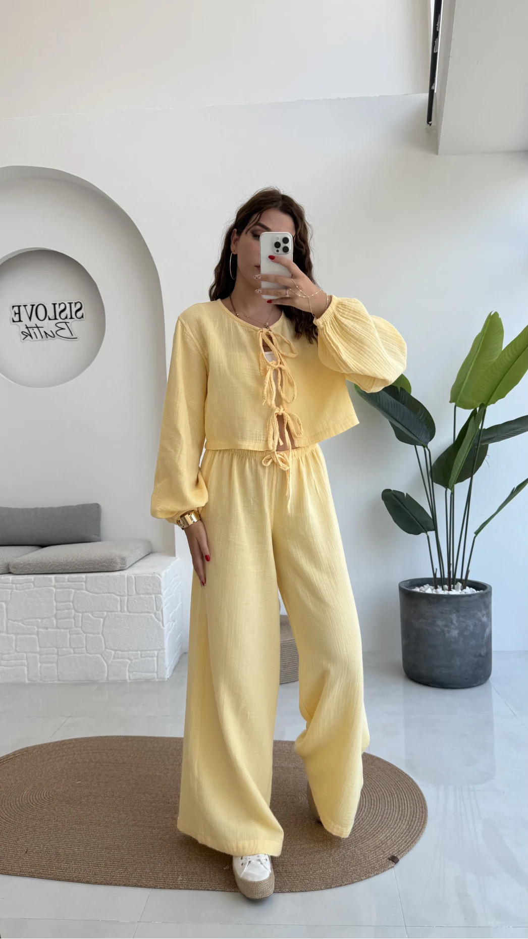 Elsa Pamuk Kumaş Bluz - Pantolon Takım - Sarı - 42503 - 42603