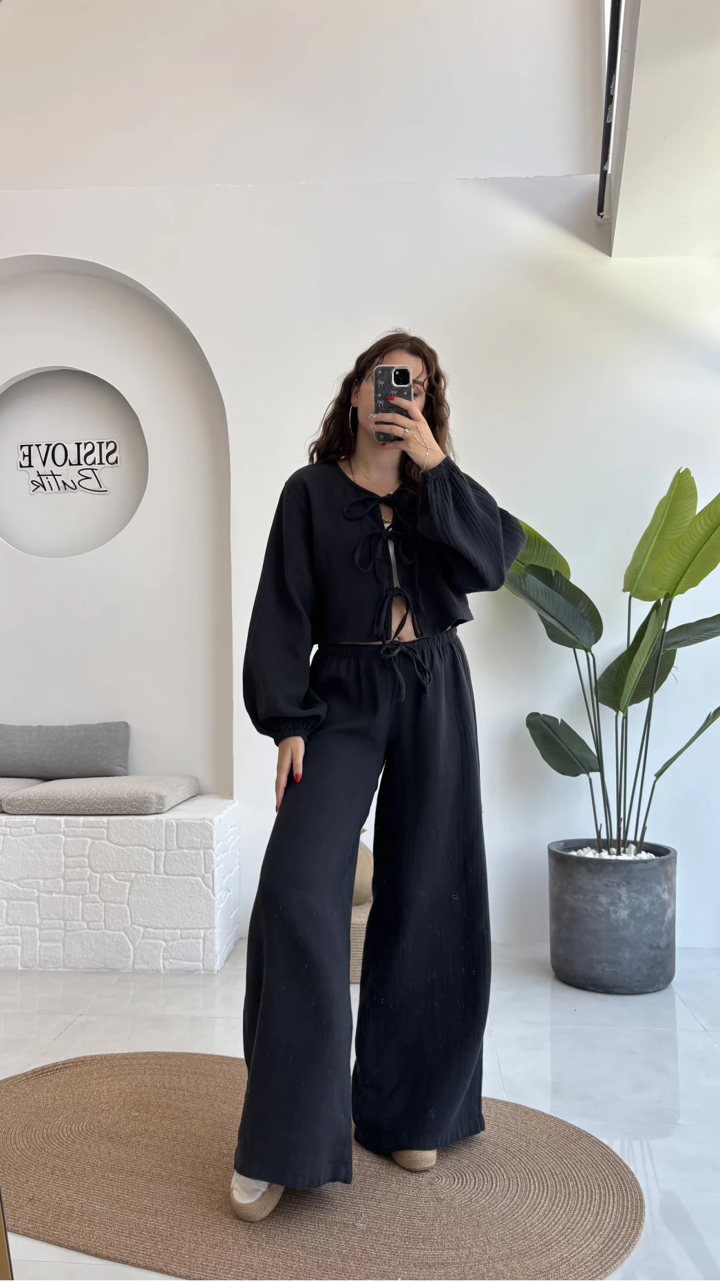 Elsa Pamuk Kumaş Bluz - Pantolon Takım - Siyah - 42504 - 42604