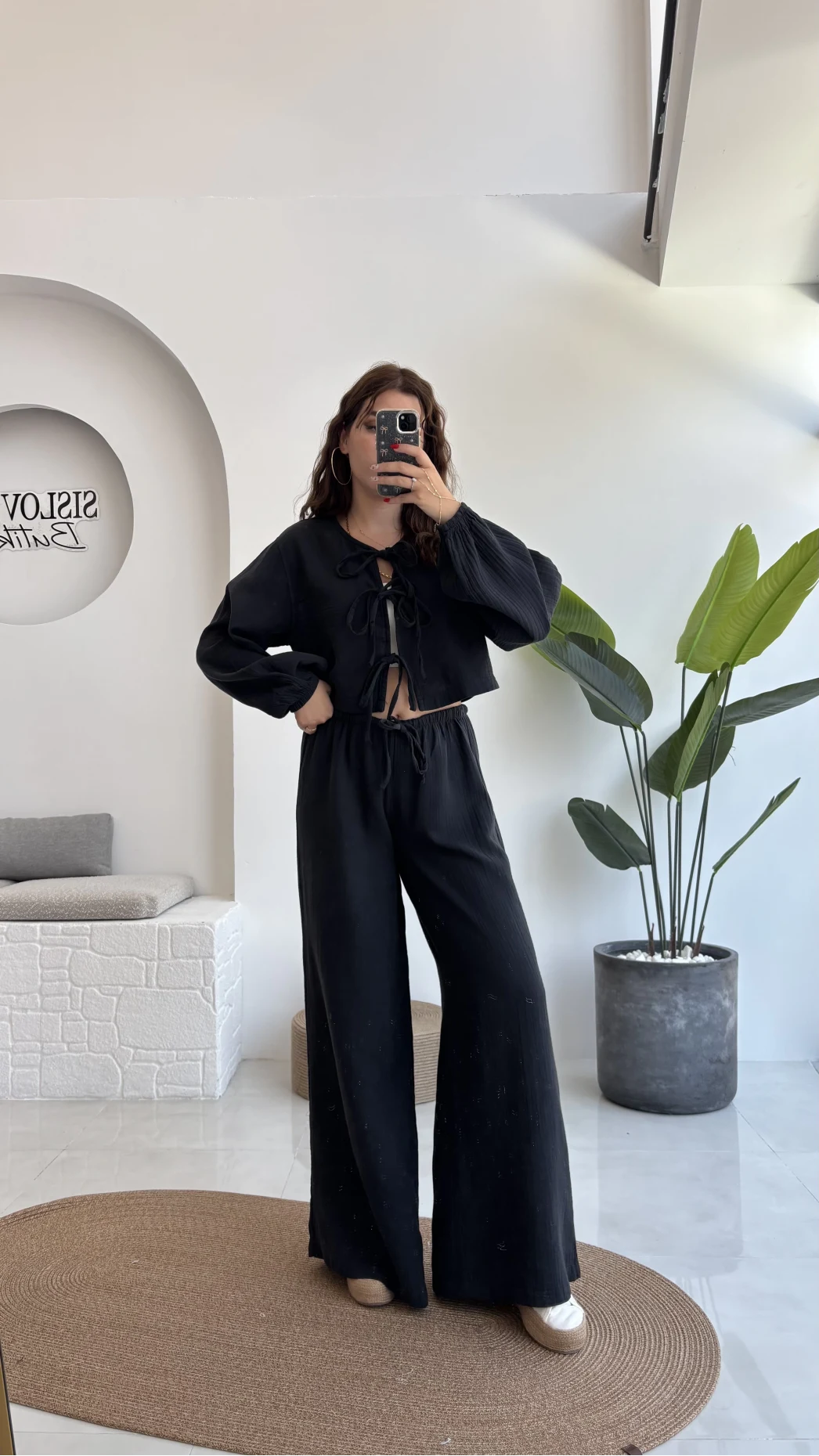 Elsa Pamuk Kumaş Bluz - Pantolon Takım - Siyah - 42504 - 42604