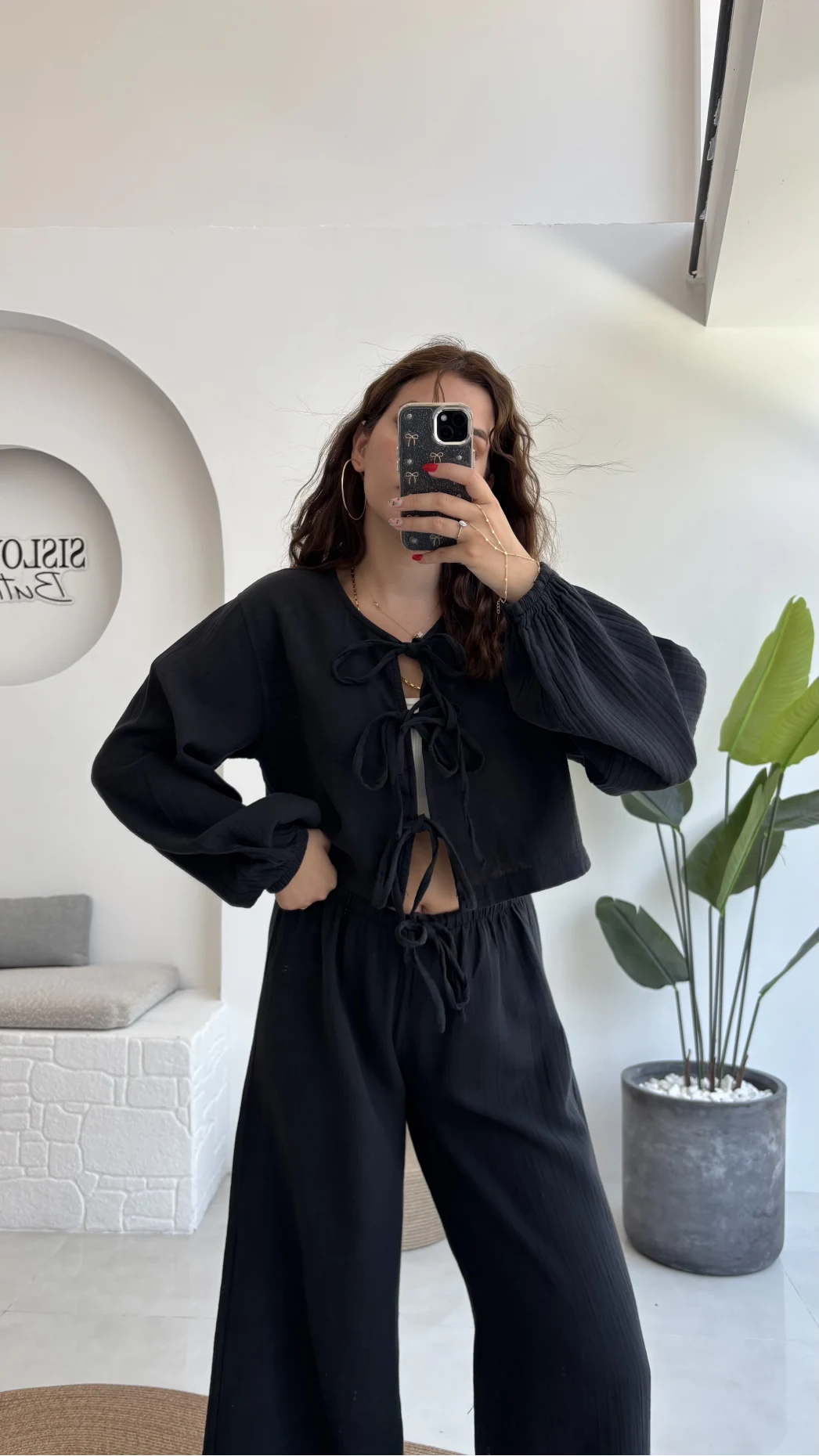 Elsa Pamuk Kumaş Bluz - Pantolon Takım - Siyah - 42504 - 42604