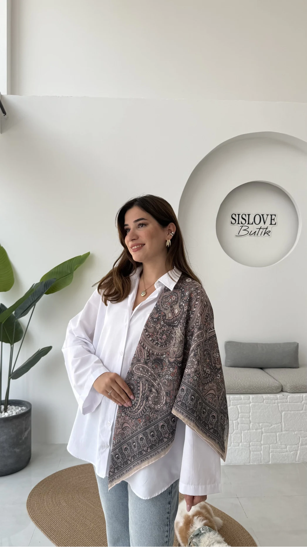 Etnik Desenli Kahve Fular/Eşarp