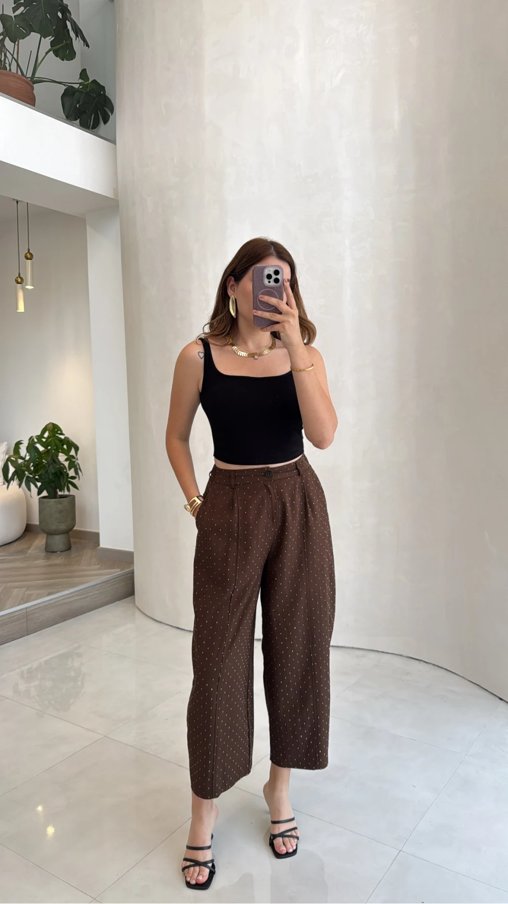 Etoile Dökümlü Taşlı Pantolon - Kahve - Kod: 51434