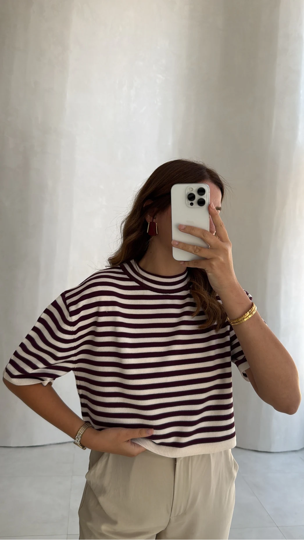 Everly Çizgili Triko Bluz - Mürdüm - Kod: 5439
