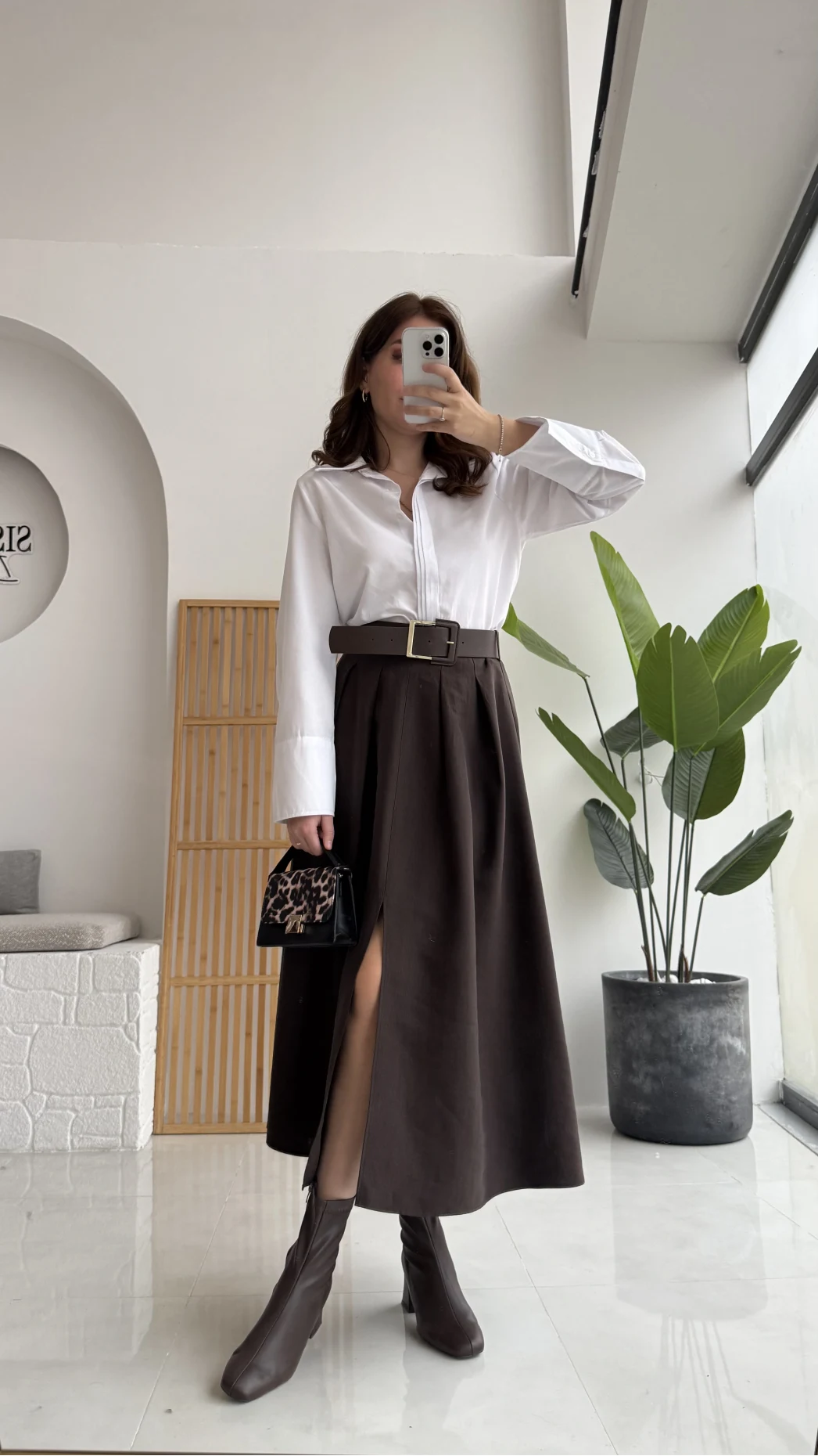 Fancy Kemerli Yırtmaçlı Midi Etek - Acı Kahve