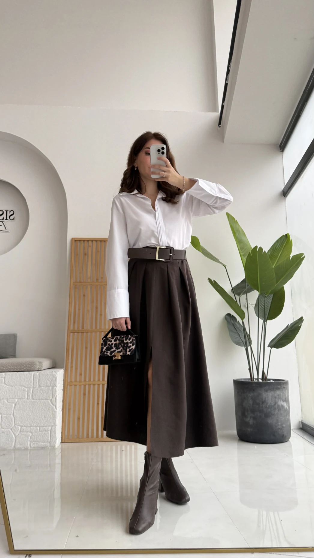 Fancy Kemerli Yırtmaçlı Midi Etek - Acı Kahve