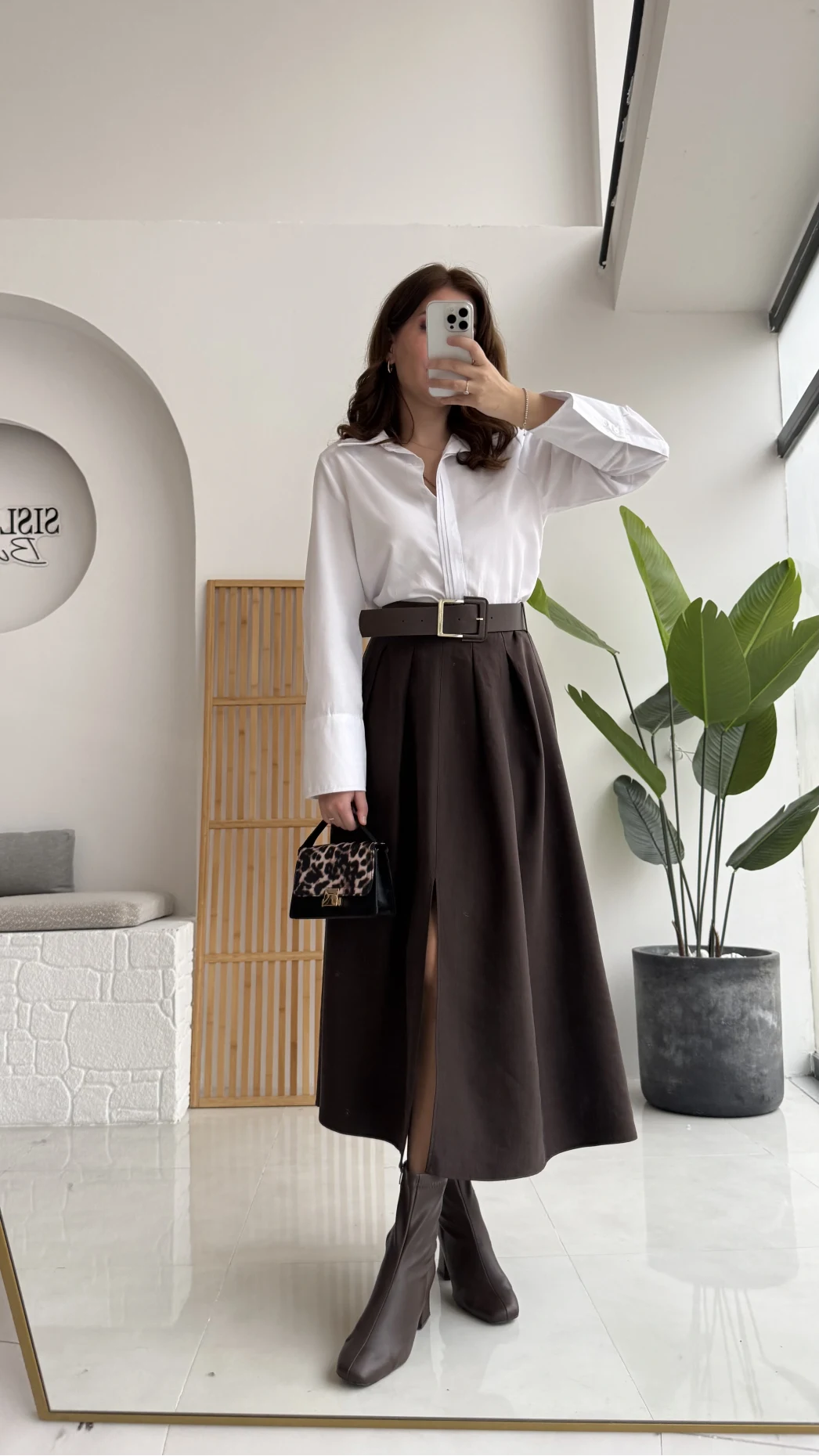 Fancy Kemerli Yırtmaçlı Midi Etek - Acı Kahve