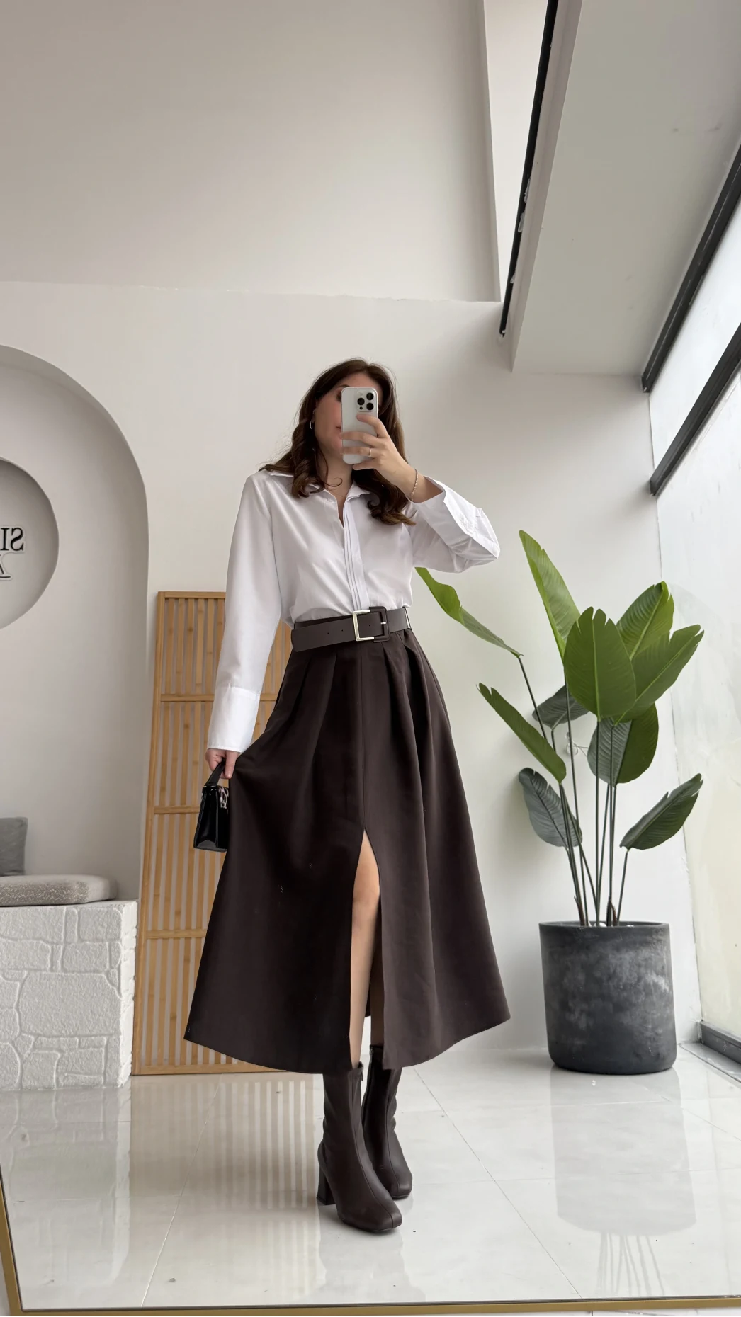 Fancy Kemerli Yırtmaçlı Midi Etek - Acı Kahve